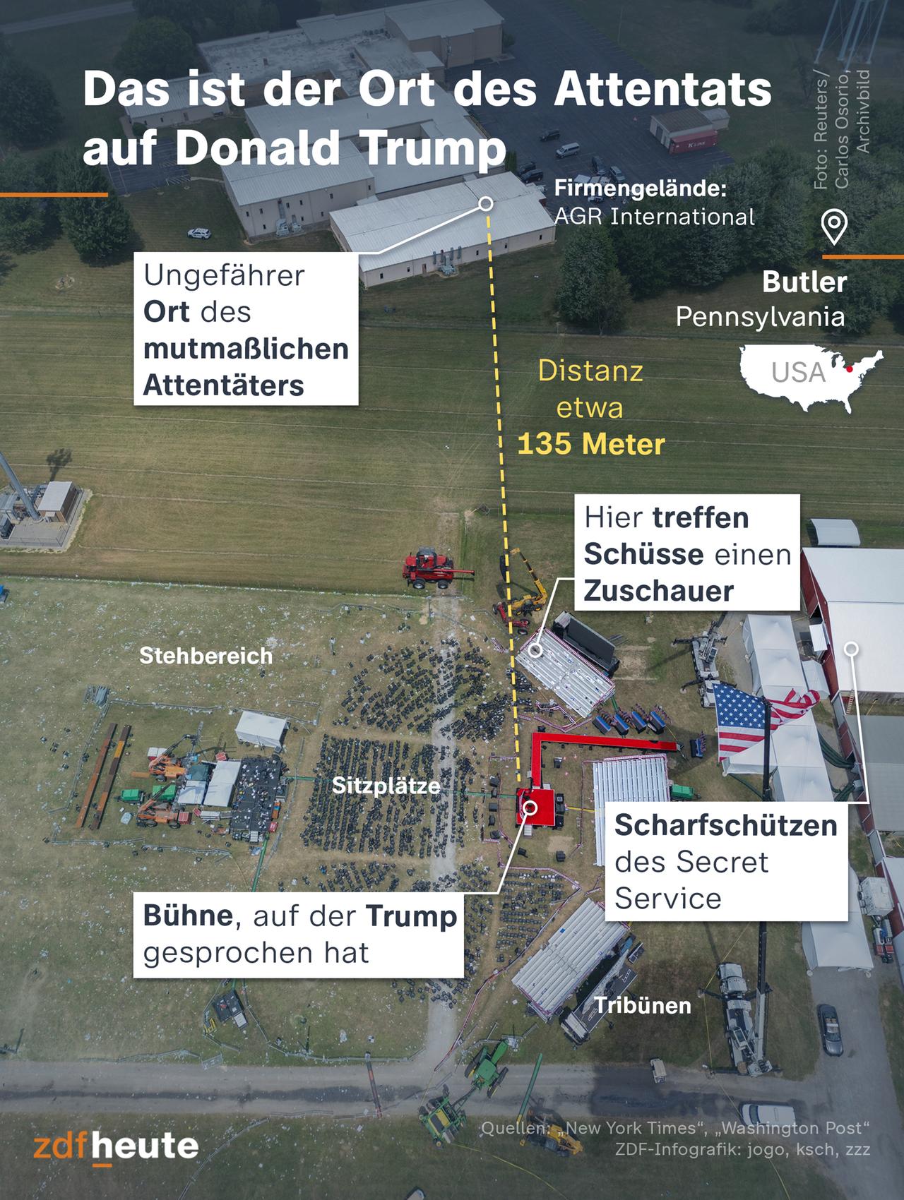 Die Infokarte zeigt den Ort des Attentats auf Donald Trump in Butler, Pennsylvania.