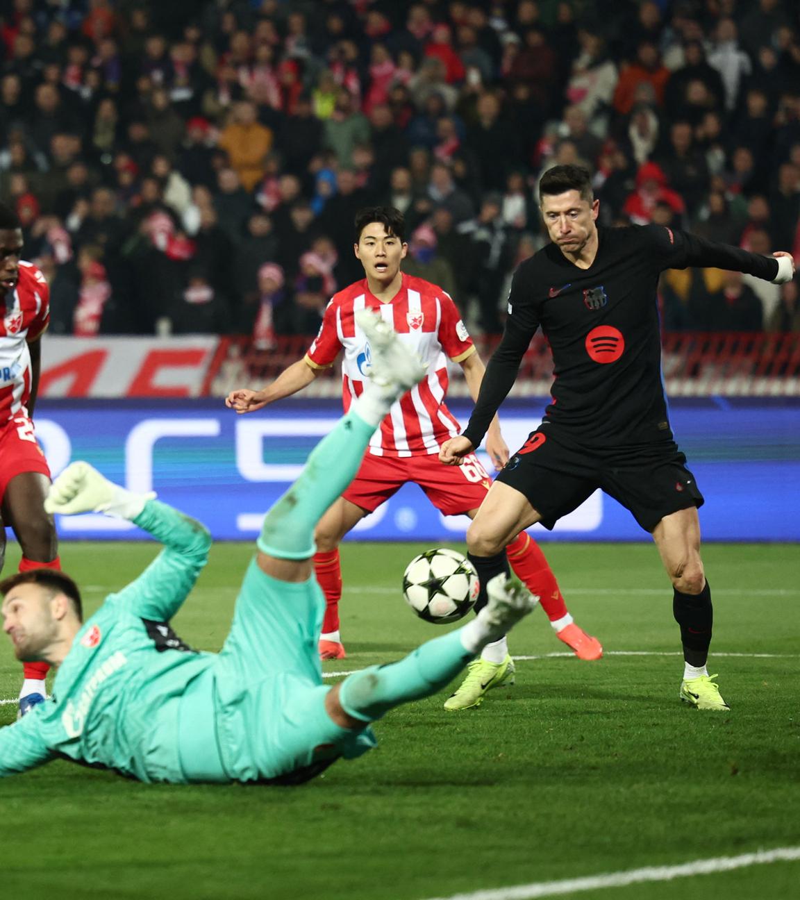 FC Barcelonas Robert Lewandowski schießt das dritte Tor beim Spiel gegen den FK Roter Stern Belgrad.