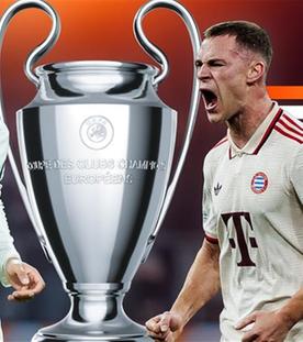 Kylian Mbappe, Joshua Kimmich mit Champions-League-Pokal