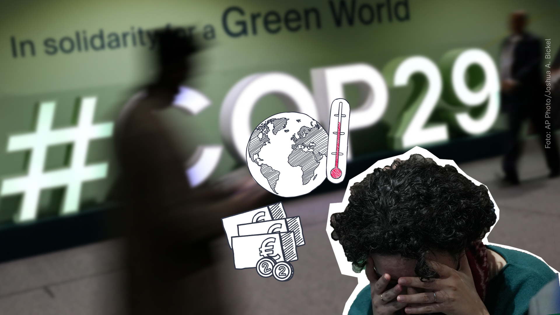 Frau schläg Hände vor Gesicht zusammen, im Hintergrund #COP29