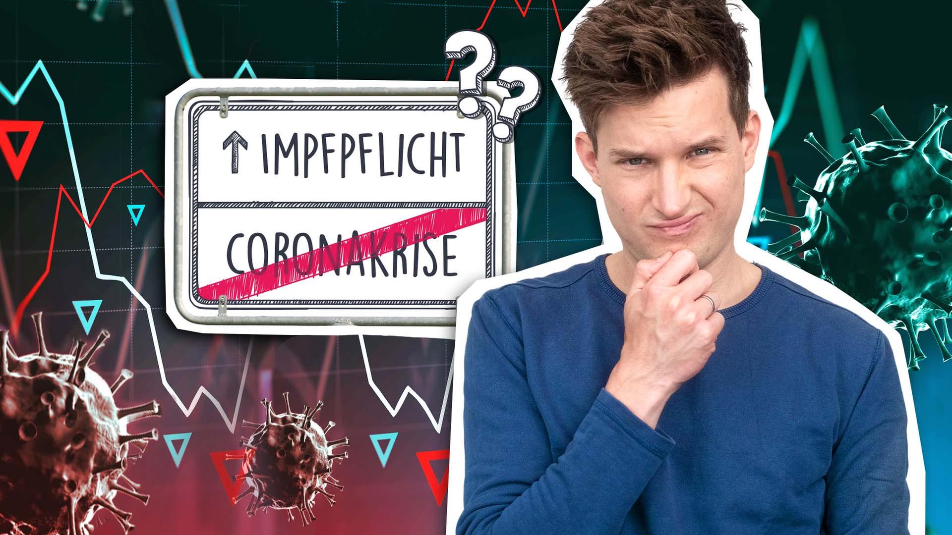 Auf einem Schild steht unten das durchgestrichene Wort "Coronakrise", darüber steht das Wort "Impfpflicht" mit einem Pfeil nach oben. Neben dem Schild guckt Moderator Tim kritisch.