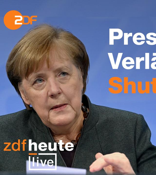 Bundeskanzlerin Angela Merkel verkündet neue Corona-Beschlüsse. Oben links ZDF-Logo, unten links ZDFheute live Logo. Schriftzug "Presseknoferenz verlängerter Shutdown"