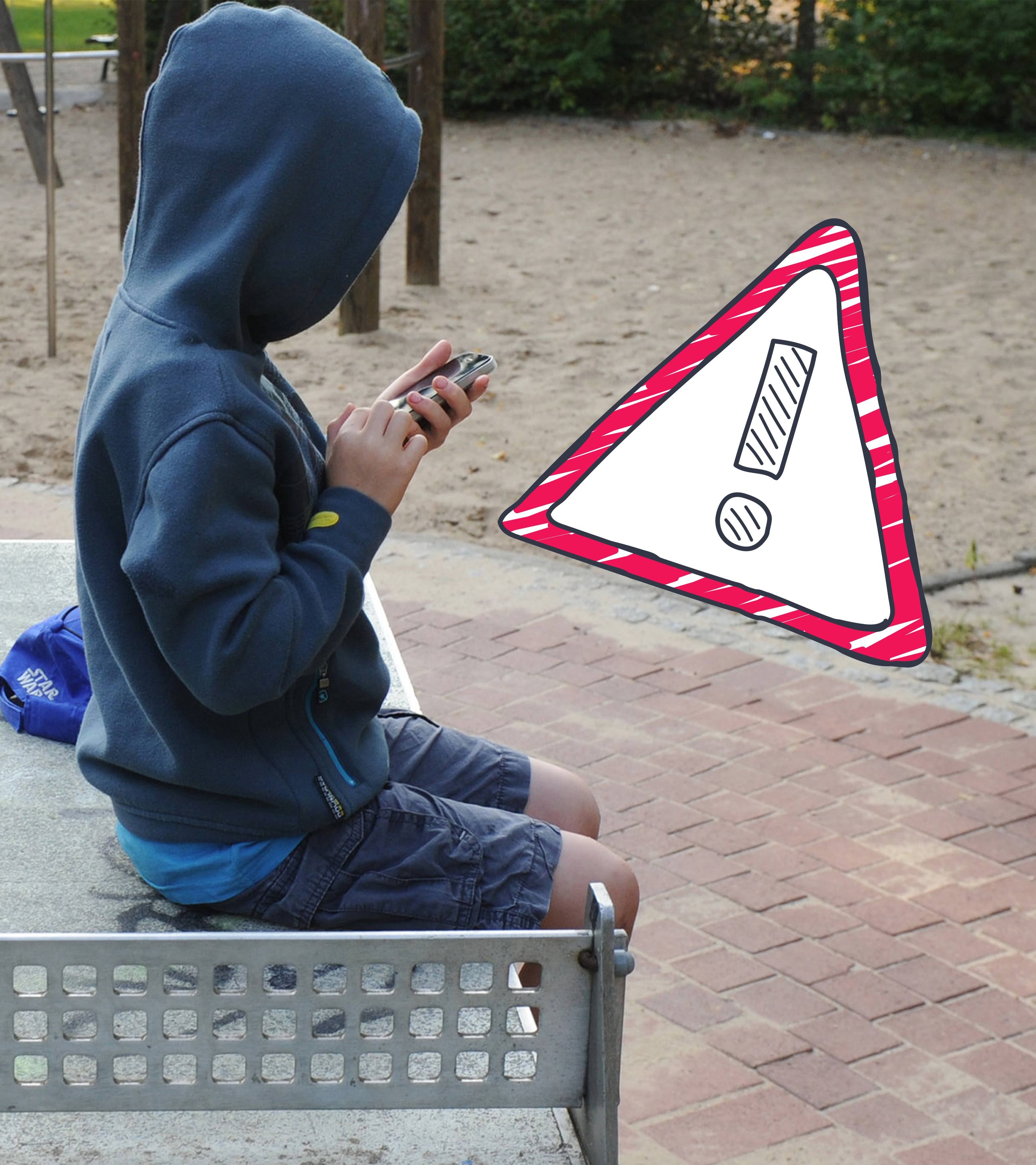 junge auf Spielplatz mit Handy - Grafik von einem Warnschild