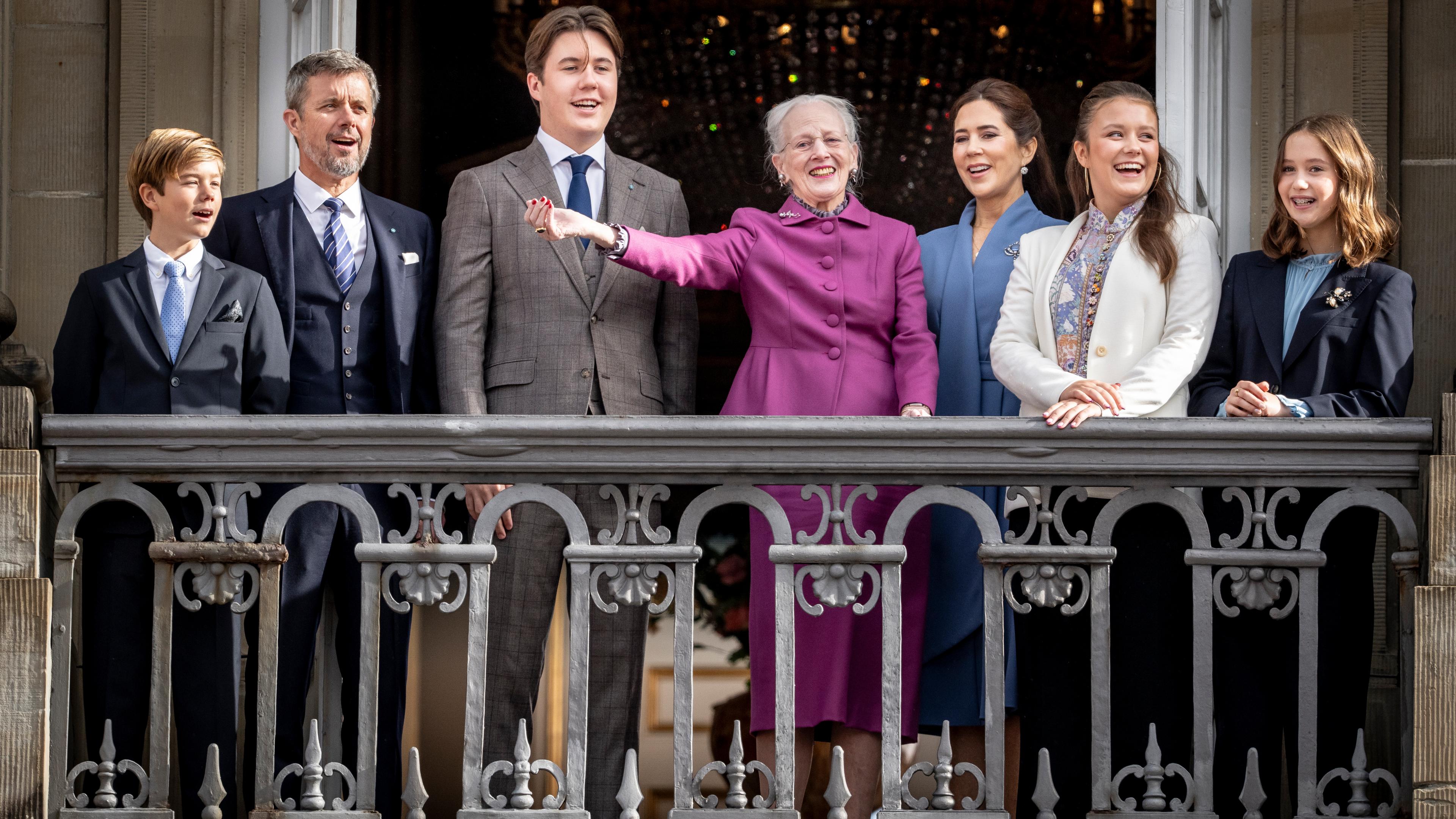 Prince Vincent, Crown Prince Frederik, Prince Christian, Queen Margrethe II, Crown Princess Mary, Princess Isabella and Princess Josephine pose on the balcony of Danish King Frederik VIII's Palace, Amalienborg Castle, in Copenhagen, 15 October 2023. The Danish royal family members came together on the occasion of Prince Christian's 18th birthday the same day. Prince Christian is the eldest child of Danish Crown Prince Frederik and Crown Princess Mary.