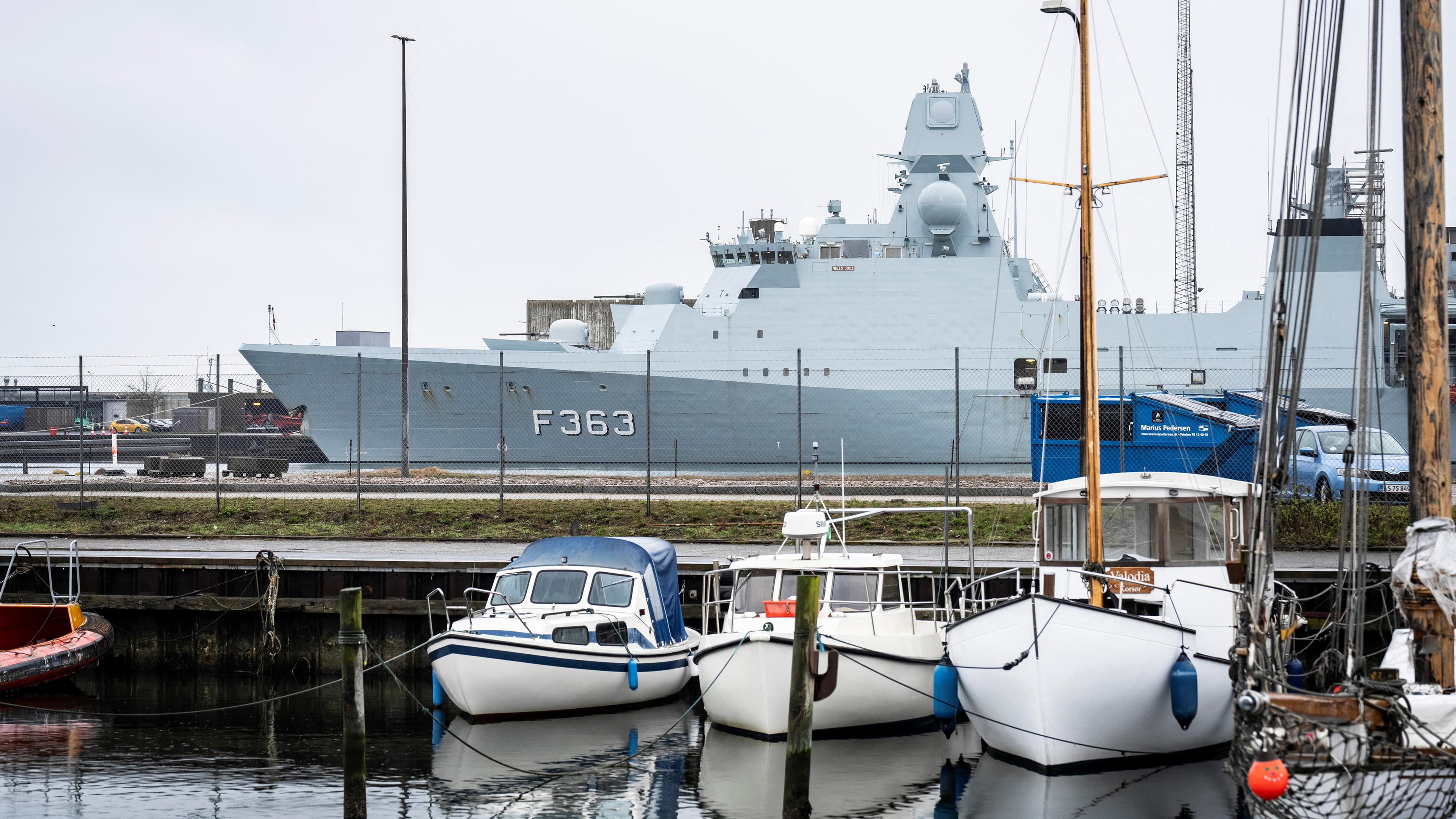 Die dänische Marinefregatte Niels Juel liegt angedockt in Korsoer, Dänemark, am 4. 04. 2024 eine Fehlfunktion ihrer Waffensysteme erlitten hatte. 