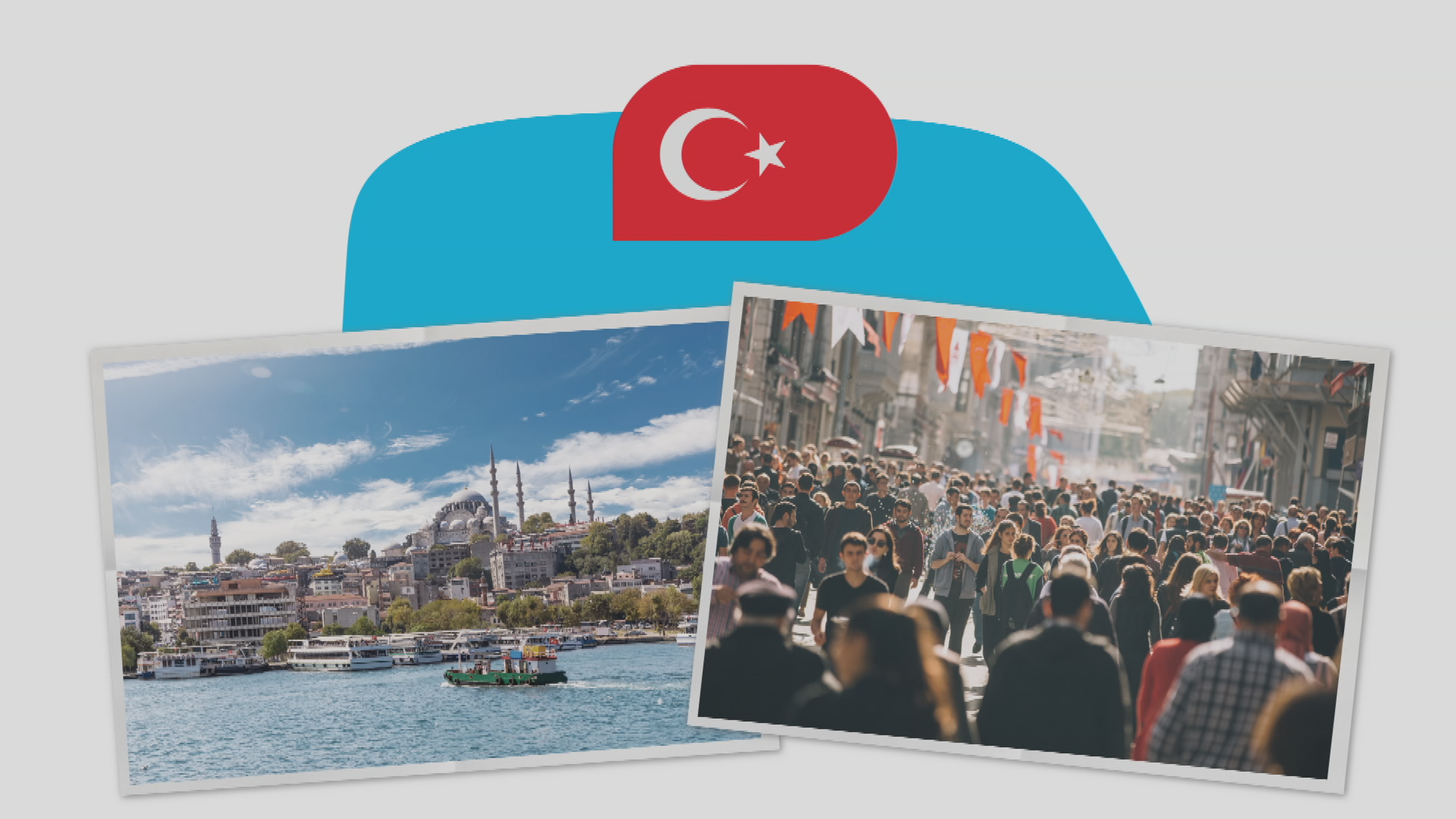 Die türkische Flagge über zwei Fotos aus Istanbul und einer Gruppe von Menschen