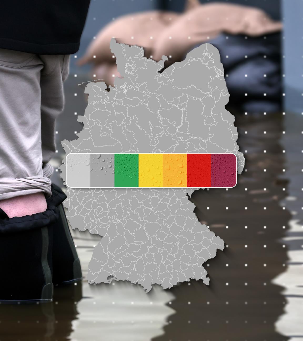 Hochwass mit Deutschlandkarte und Warnstufen