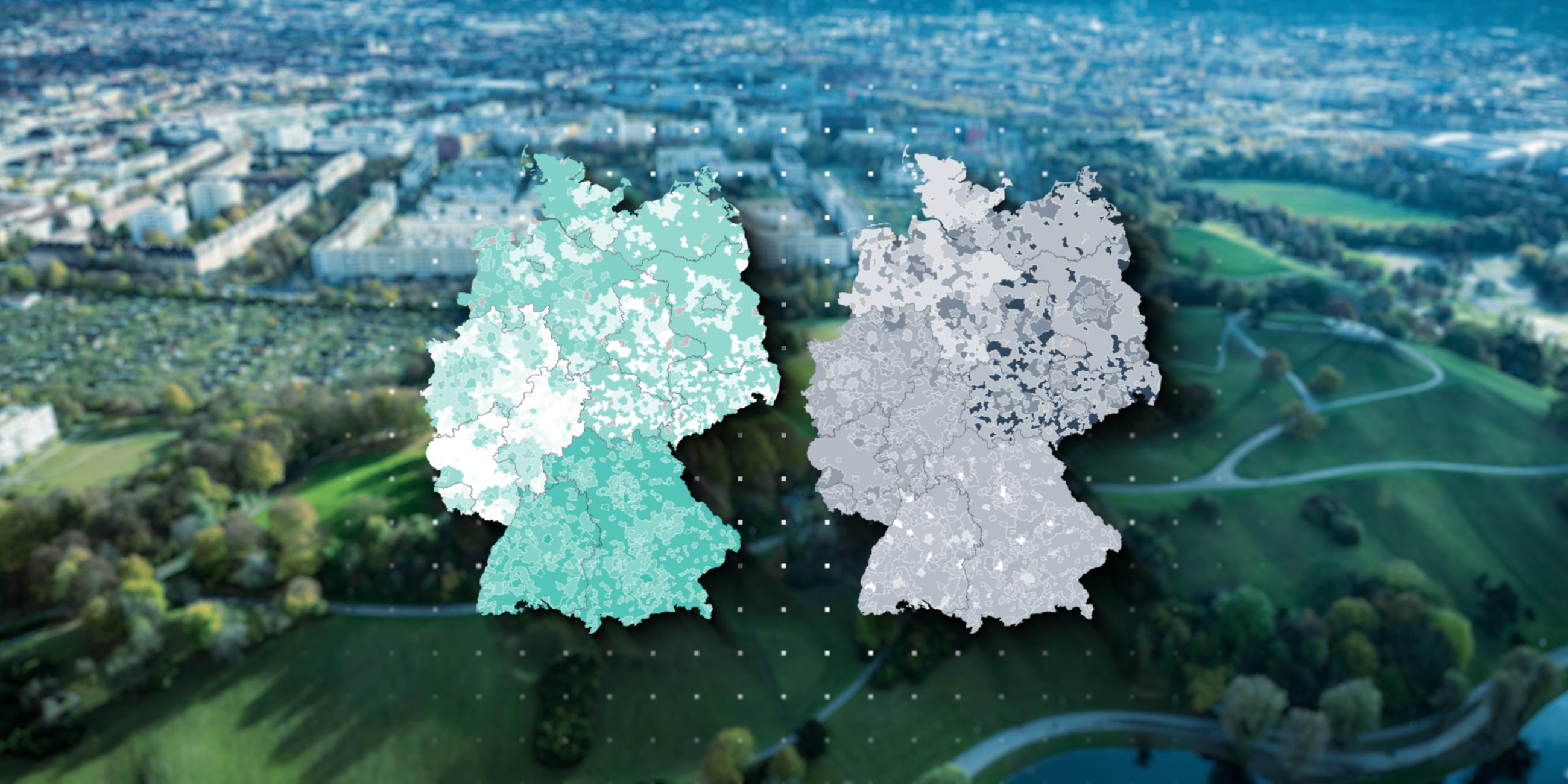 Foto von Stadt und Land mit Deutschlandkarten zu Zufriedenheitswerten