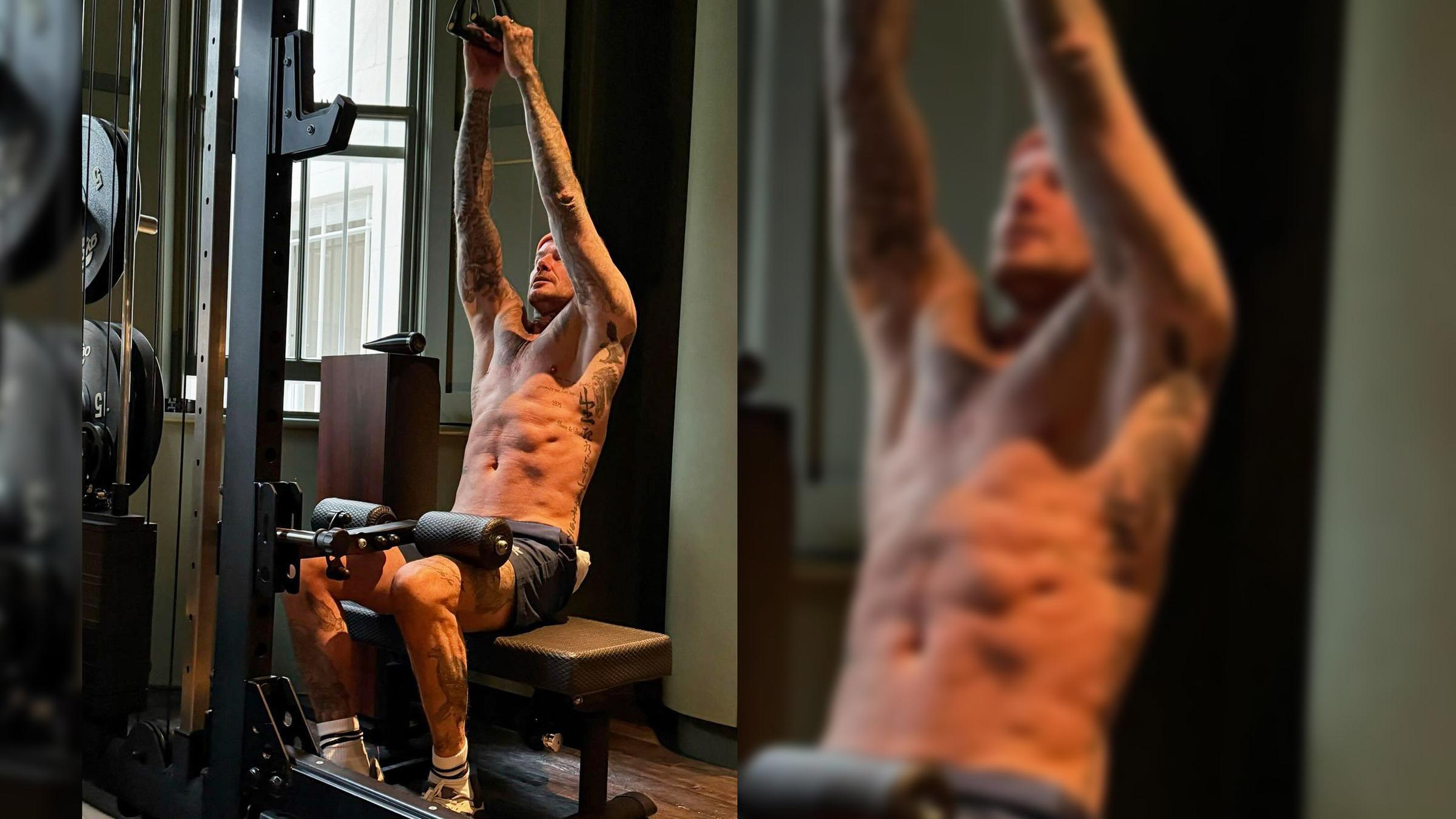 Ex-Fußballer David Beckham am Fitnessgerät. 