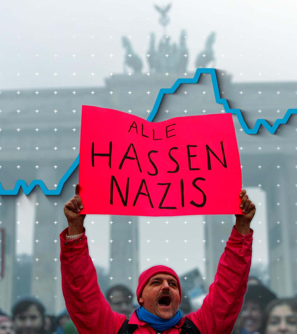 Ein Mann hält auf einer Demo gegen rechts am 14. Januar 2024 in Berlin vor dem Brandenburger Tor ein Plakat mit der Aufschrift "Alle hassen Nazis" hoch. Hinter dem Mann sieht man die Kurve der AfD-Umfragewerte seit der Bundestagswahl.