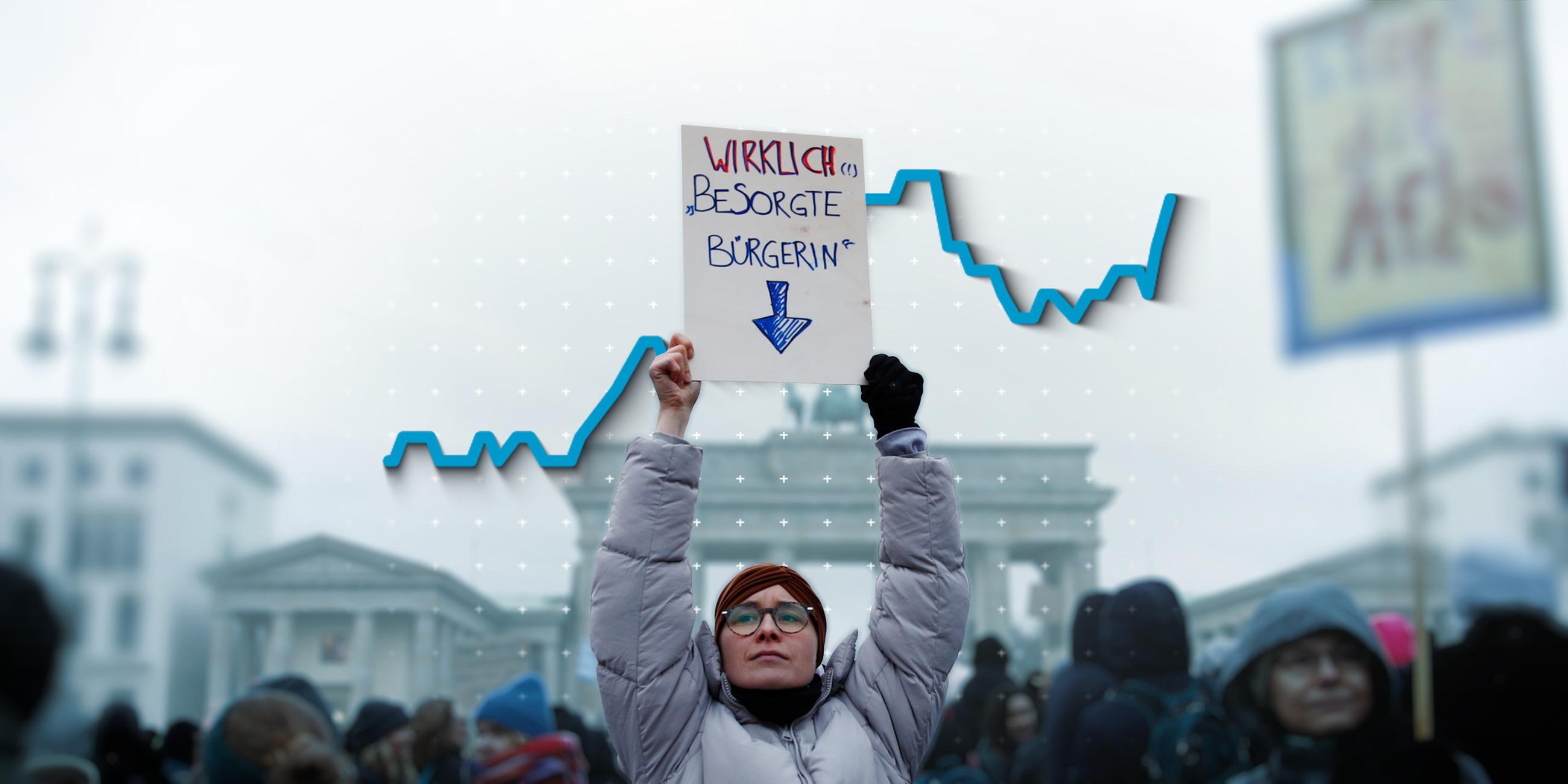 Protest gegen rechts in Berlin (Archivbild) und Kurve mit Umfragewerten der AfD