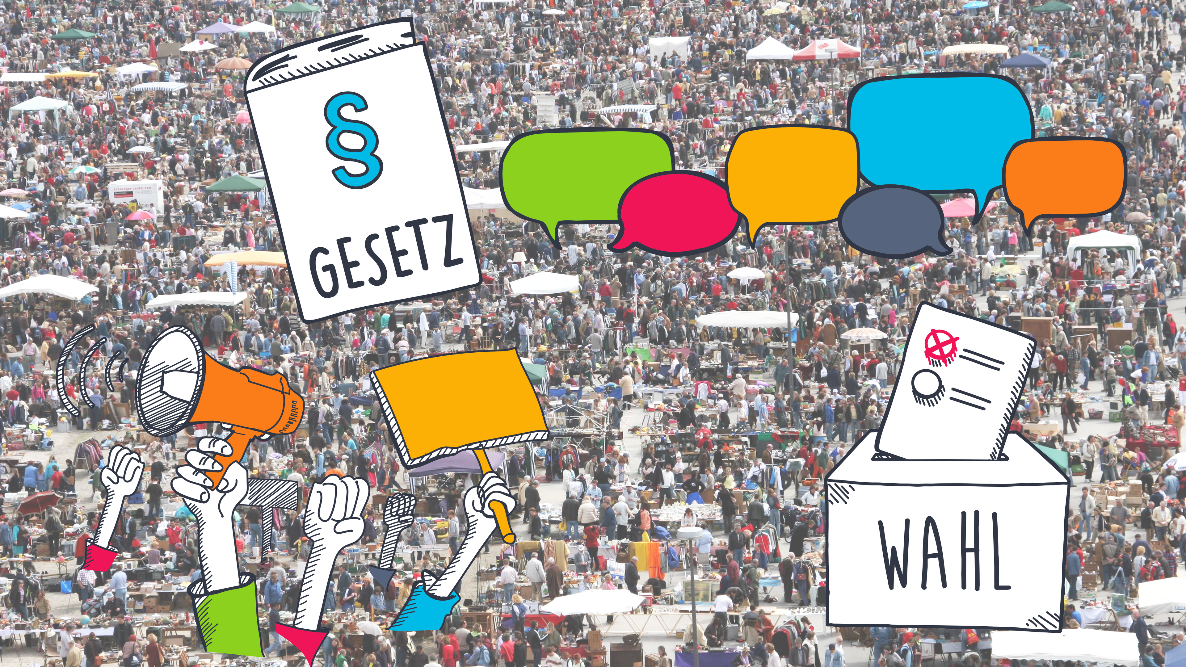 Menschenmasse mit Grafiken von Demos, Gesetz, Meinungsvielfalt und Wahl