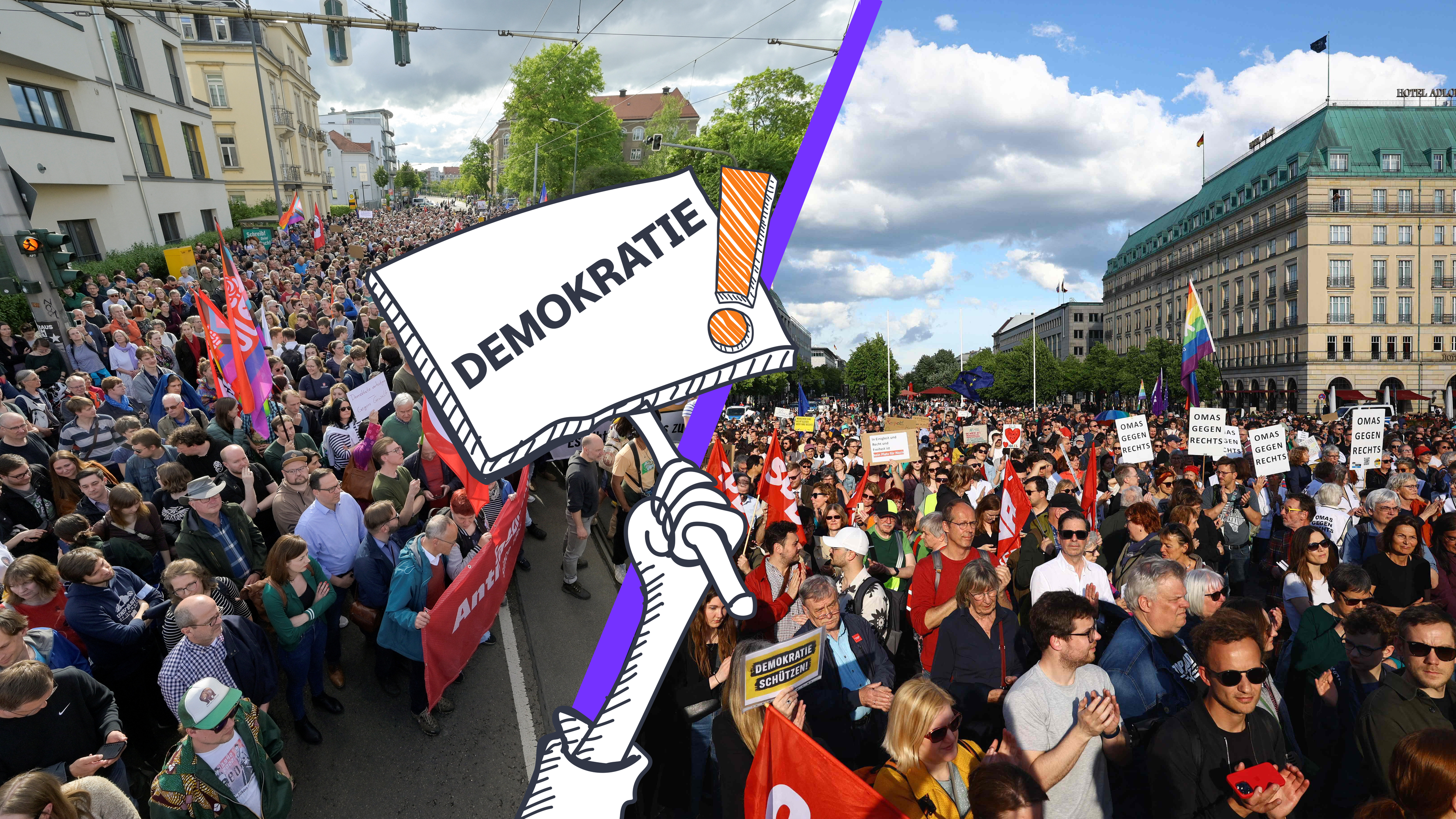 Demos in Berlin und Dresden mit Demokratie-Schild-Grafik