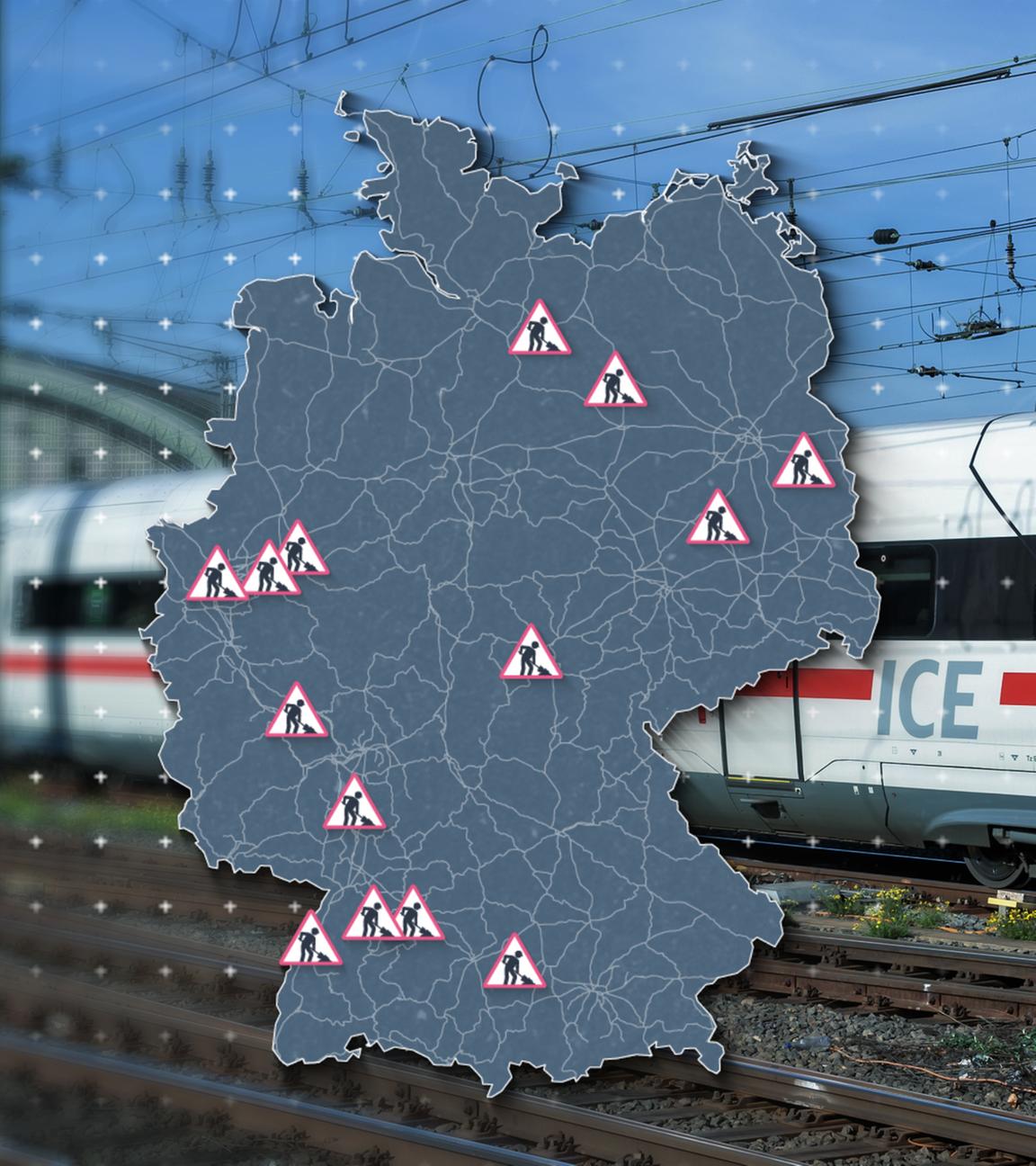 Ein ICE verlässt einen Bahnhof. Über den ICE wurde eine Karte von Deutschland gelegt, auf der Baustellen eintragen sind.