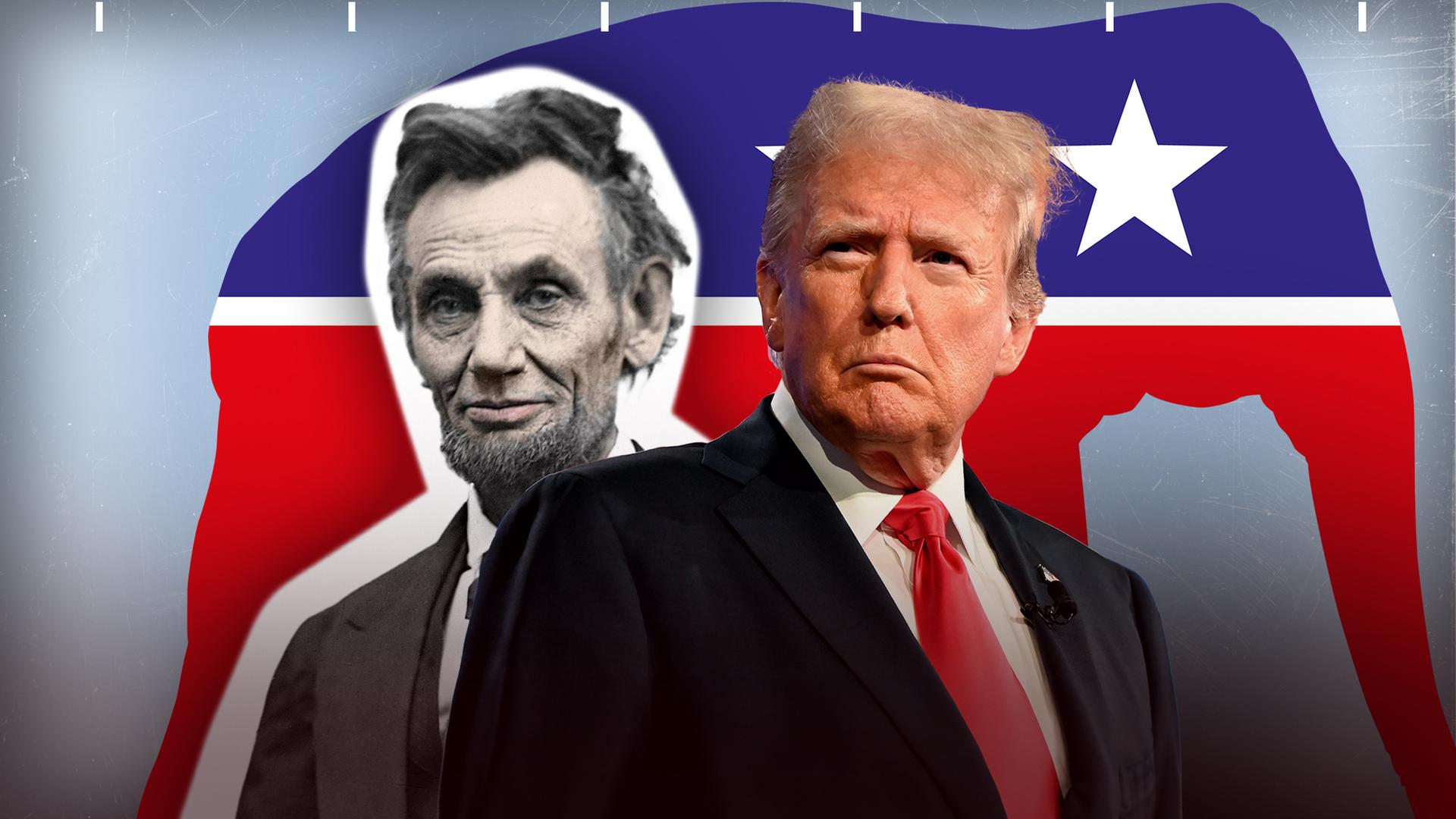 Abraham Lincoln neben Donald Trump. Im Hintergrund das Symboltier der Republikaner, der Elefant