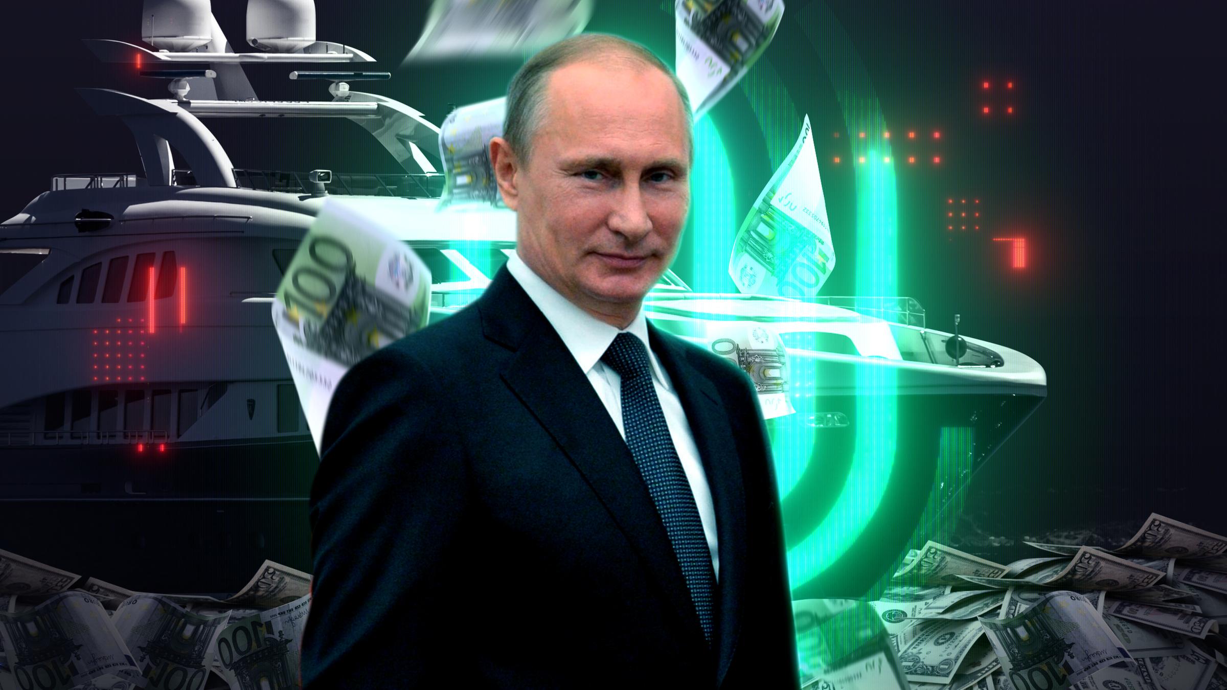 Fotomontage von Putin, dahinter ein Schiff, Geldscheine und das Logo von "Die Spur"