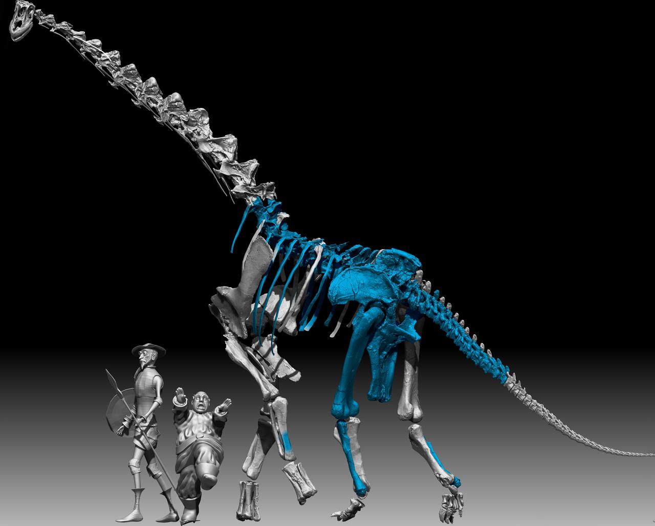 3D-Rekonstruktion eines in Spanien entdeckten Qunkasaura-Skeletts. Figuren der Romanfiguren Don Quichotte und Sancho Panza dienen dem Größenvergleich. 