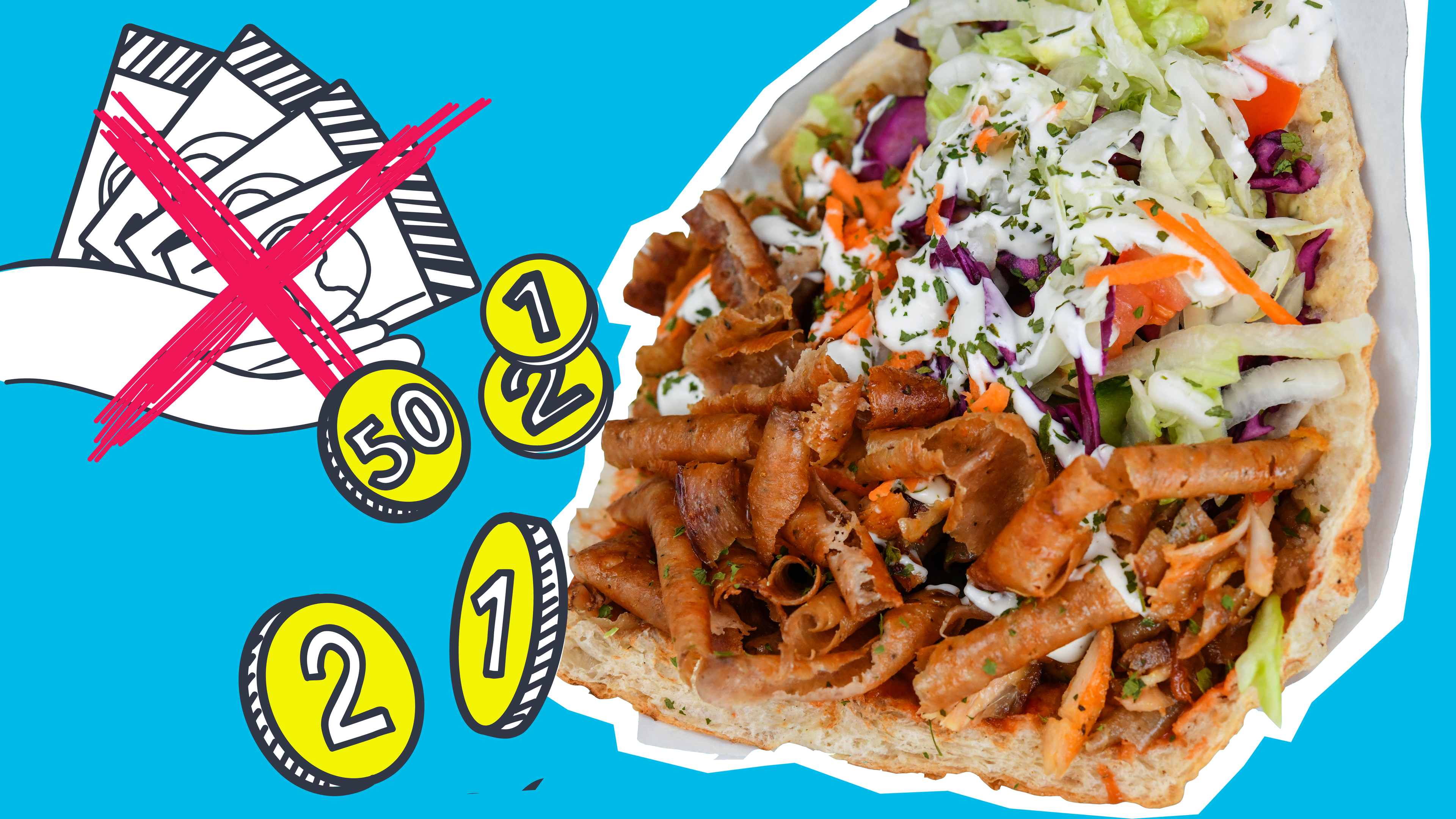 Ein Döner, viel Geld durchgestrichen, ein paar gelbe Münzen als Grafikelement