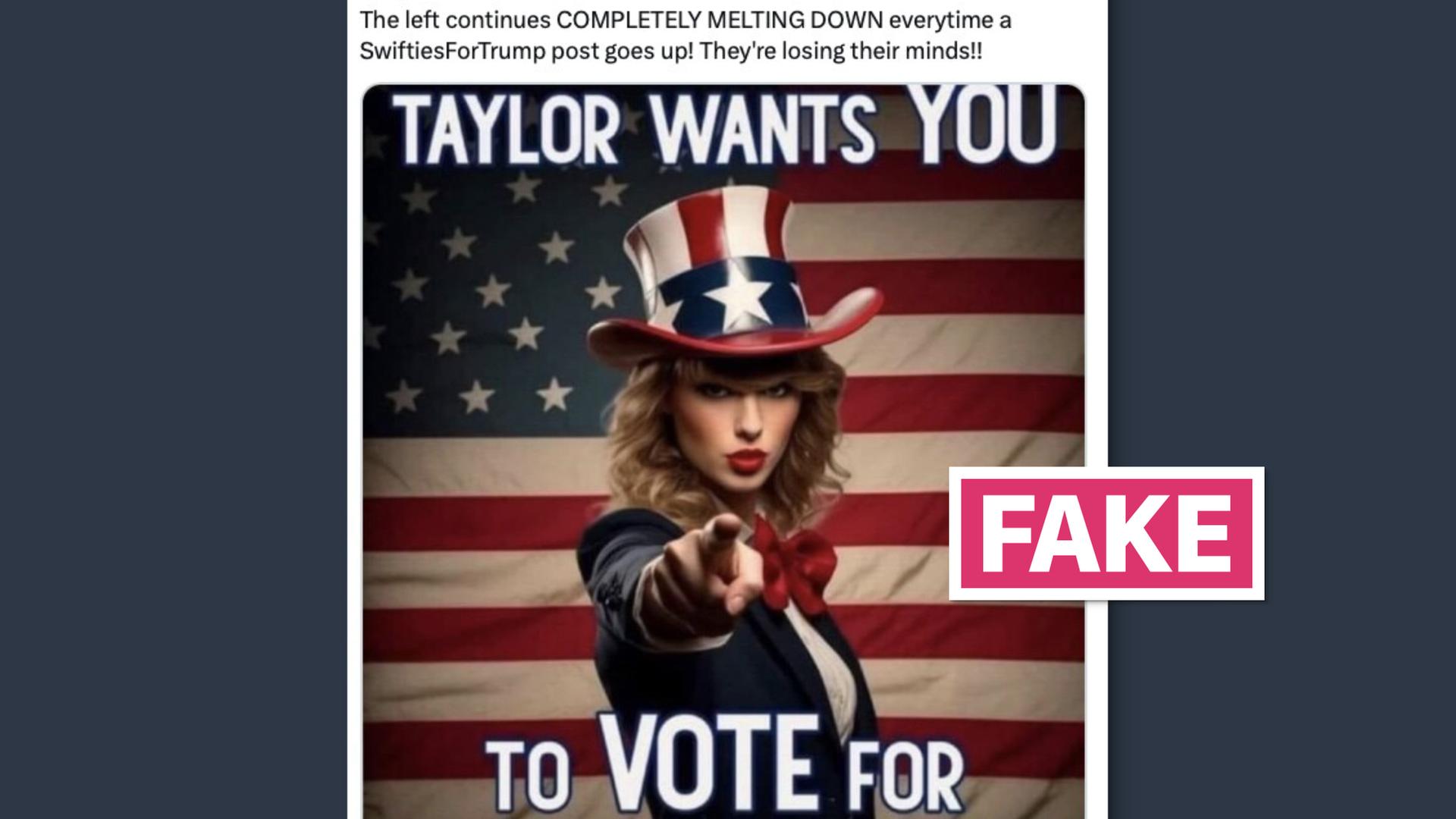 Das Bild zeigt ein auch von Donald Trump geteiltes Meme. Es zeigt Taylor Swift als Uncle Sam - und ruft angeblich dazu auf, Trump zu wählen. 