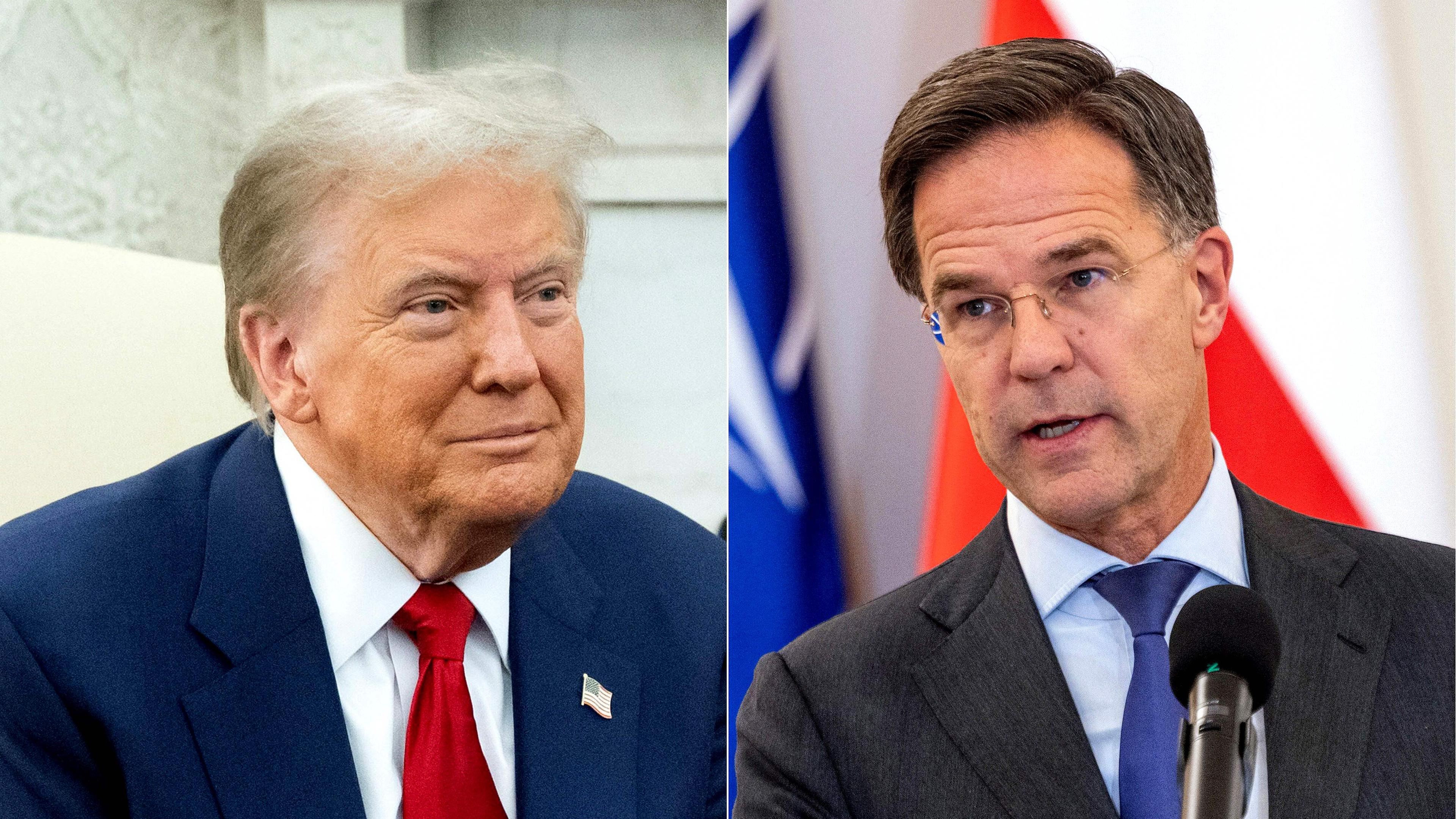 Auf der linken Seite ist der künftige US-Präsident Donald Trump zu sehen und auf der rechten Seite der NATO-Generalsekretär Mark Rutte.