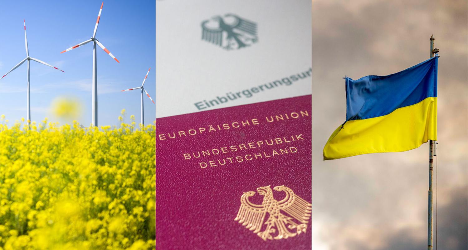 Windräder auf einem Feld symbolisieren das Thema Energie. Ein Reisepass auf einer Einbürgerungsurkunde symbolisiert das Thema Migration. Die wehende Flagge der Ukraine symbolisiert den Ukraine-Krieg.