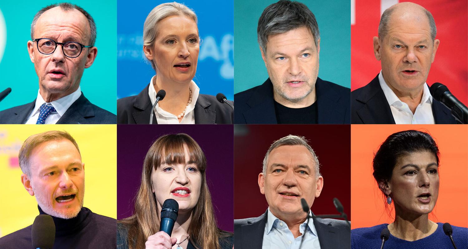 Das sind die Spitzenkandidaten von den Parteien. Oben von links nach rechts: Friedrich Merz, Alice Weidel, Robert Habeck und Olaf Scholz. Unten von links nach rechts: Christian Lindner, Heidi Reichinnek, Jan van Aken und Sahra Wagenknecht.