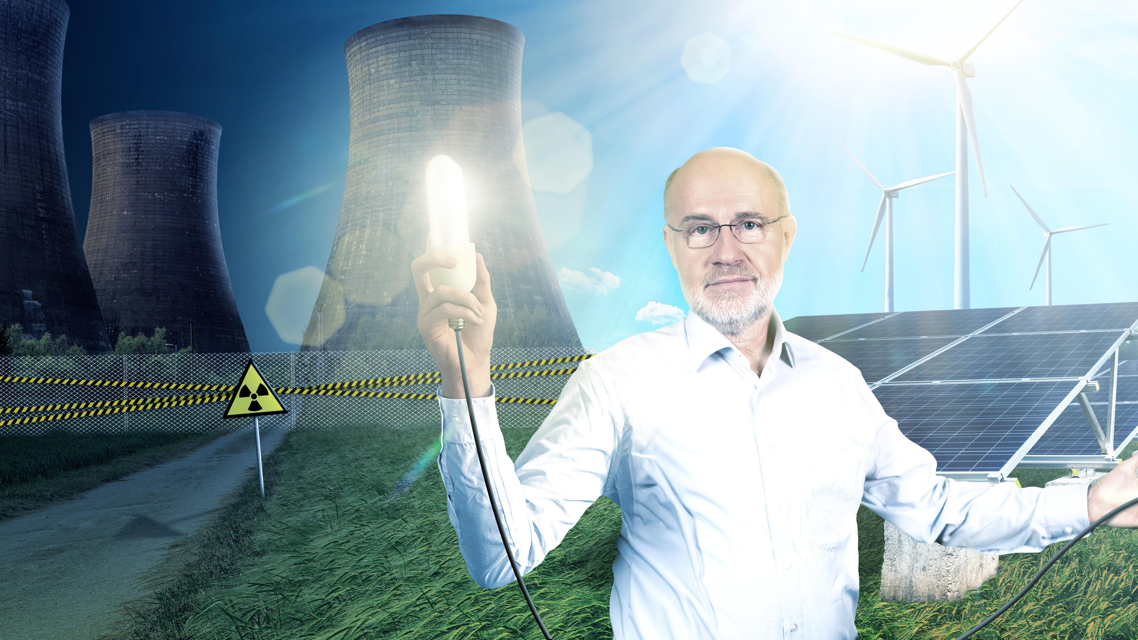 Harald Lesch vor Atommeilern, Photovoltaik und Windrädern
