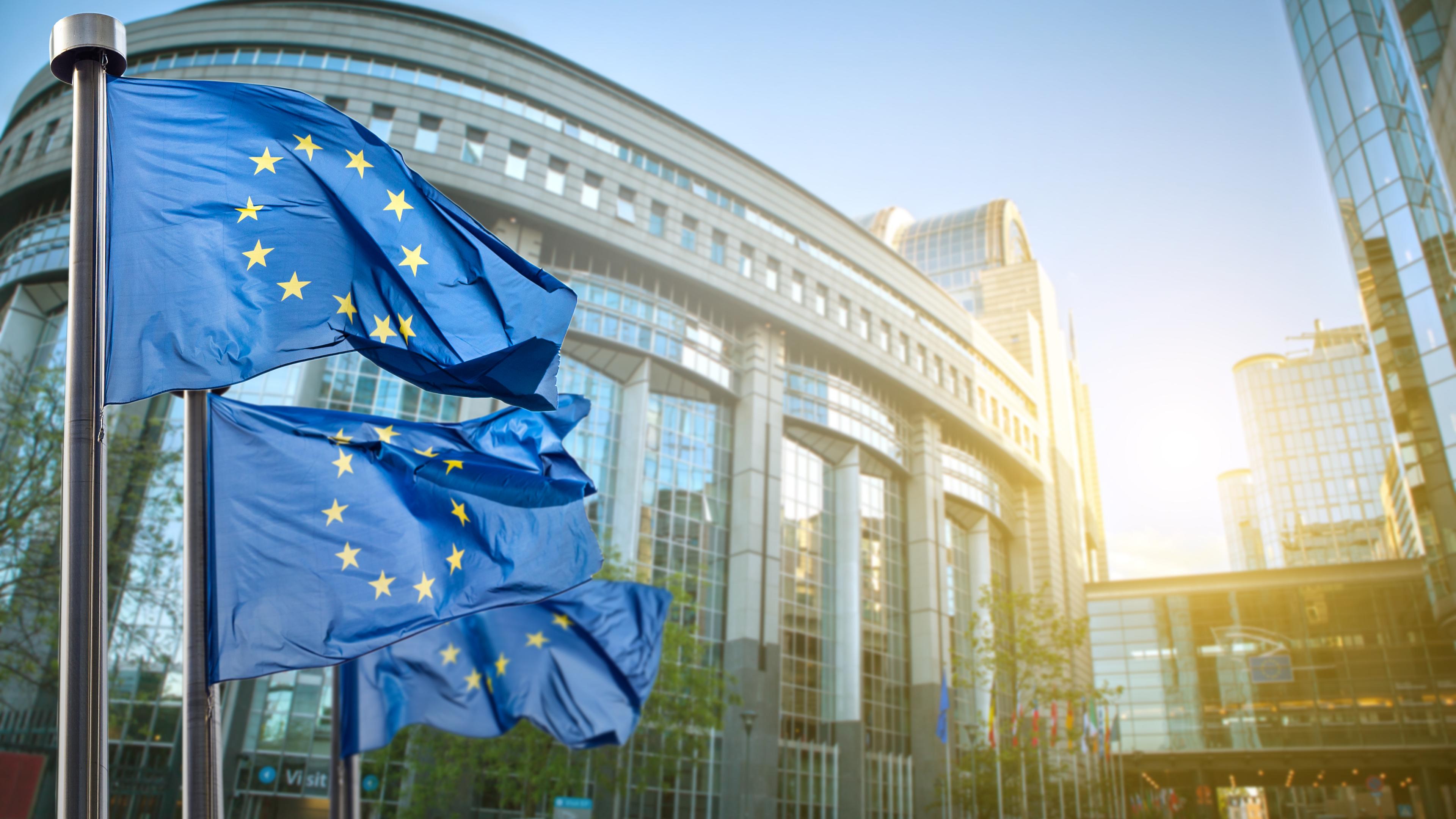 Fahnen der EU wehen vor dem Parlament in Brüssel.