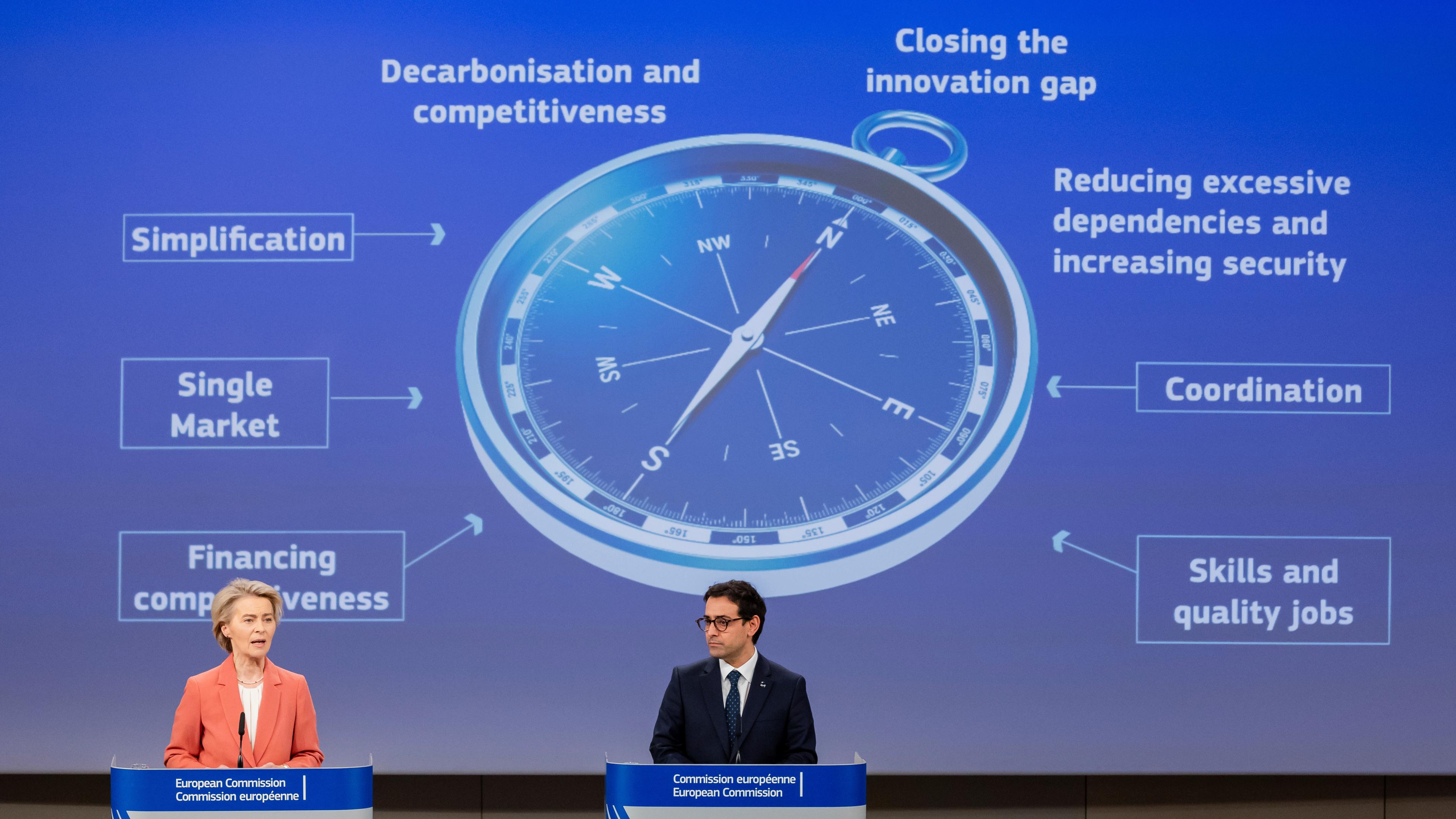 Die Präsidentin der Europäischen Kommission Ursula von der Leyen und Stéphane Sejourne, Vizepräsident, sprechen am Hauptsitz der EU über den Kompass für Wettbewerbsfähigkeit der EU-Kommission.