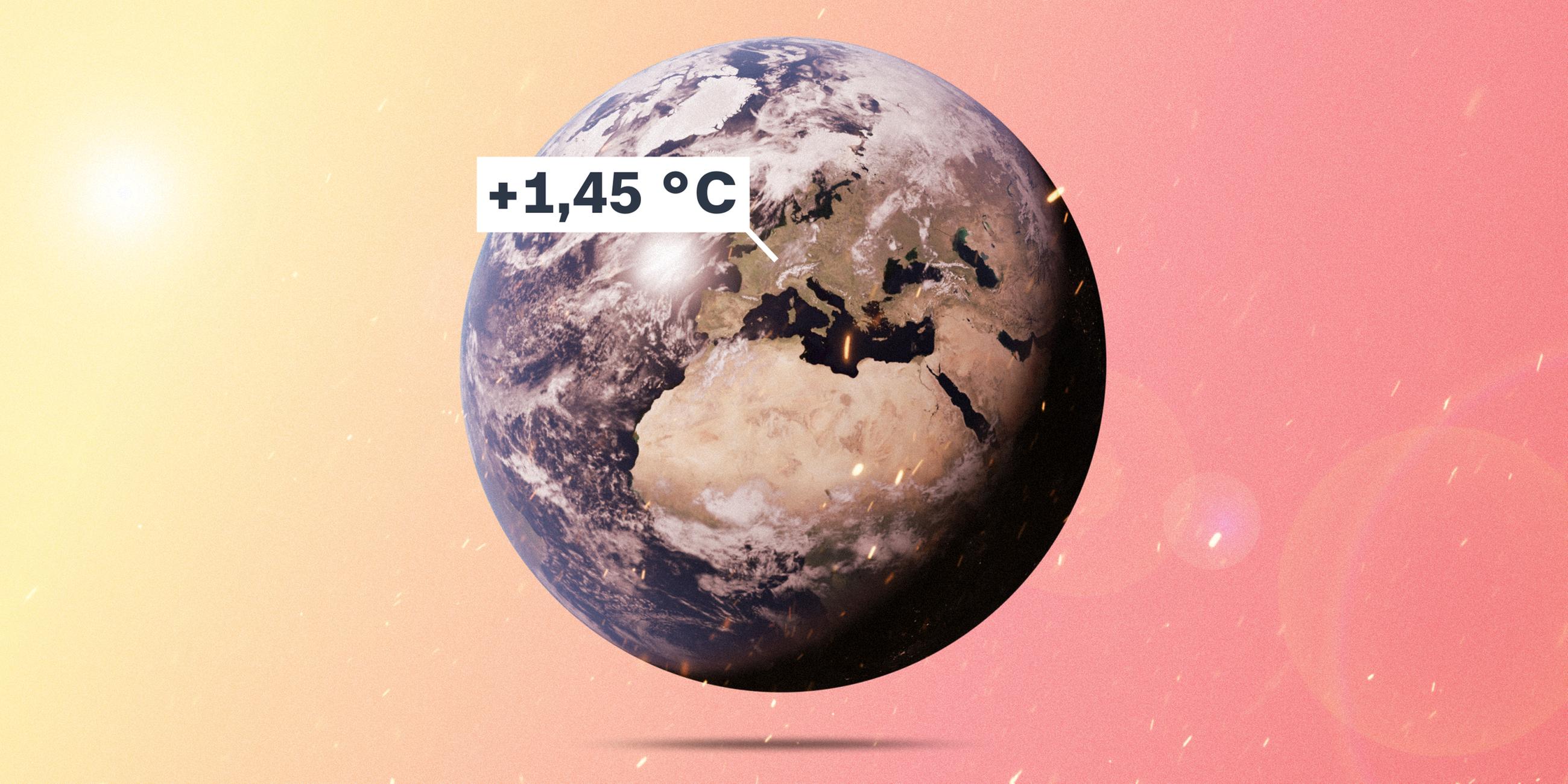 Das Bild zeigt unseren Planeten. Europa als Kontinent ist klar zu erkennen - dazu das Label, dass es auf dem Kontinent im Schnitt um 1,45 Grad Celsius wärmer ist als noch vor 30 Jahren.