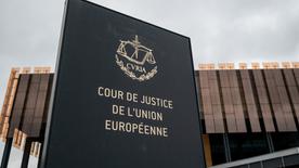 The photo showed a shield with the inscription "Court of Justice of the European Union" for a Gebäude des Europäischen Gerichtshofs (EuGH) in Luxembourg