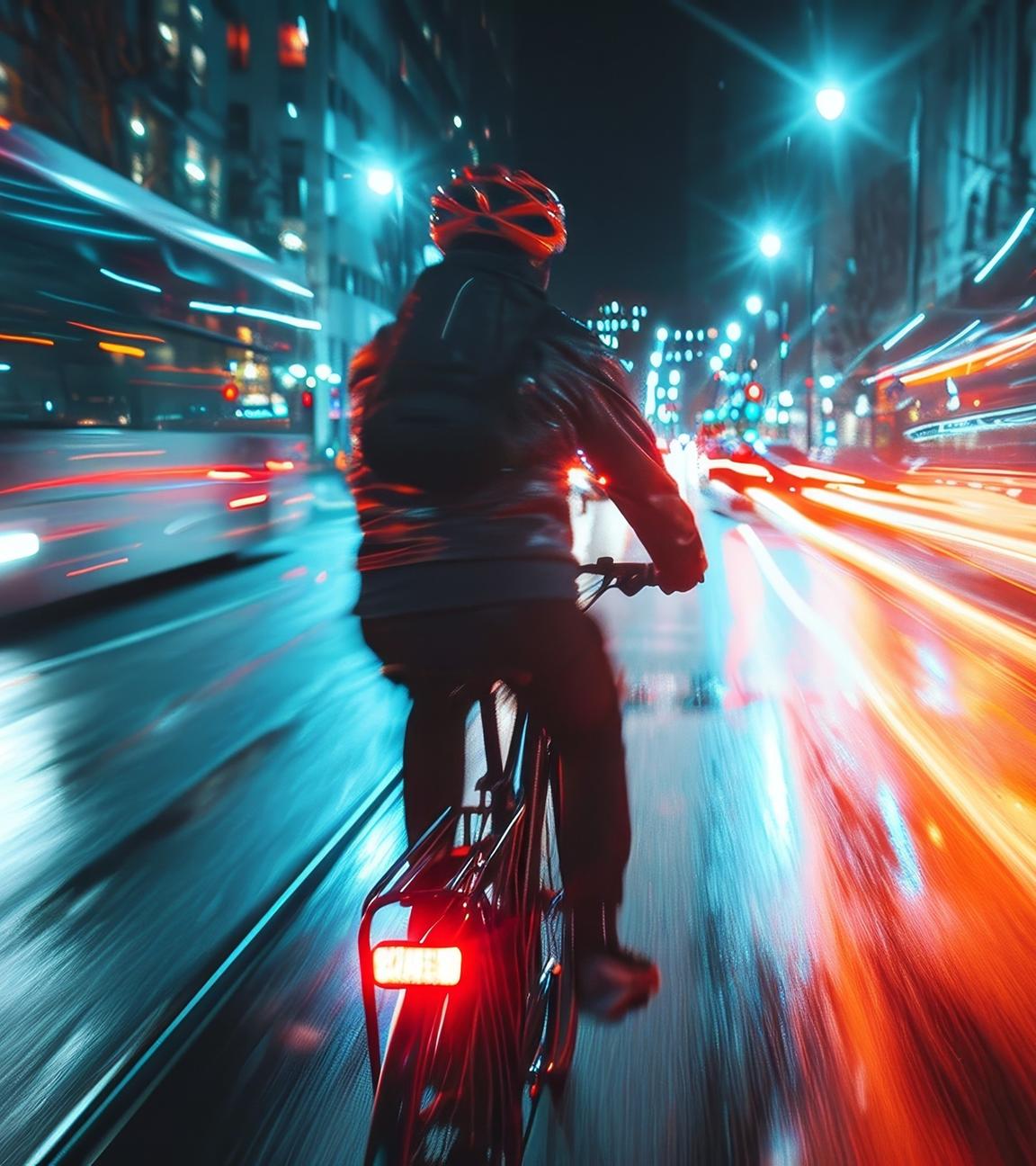 Ein Fahrradfahrer im Dunkeln auf einer Straße, links und rechts neben ihm durch Langzeitbelichtung hervorgerufene Lichtstreifen-Effekte von Auto-Rücklichtern.