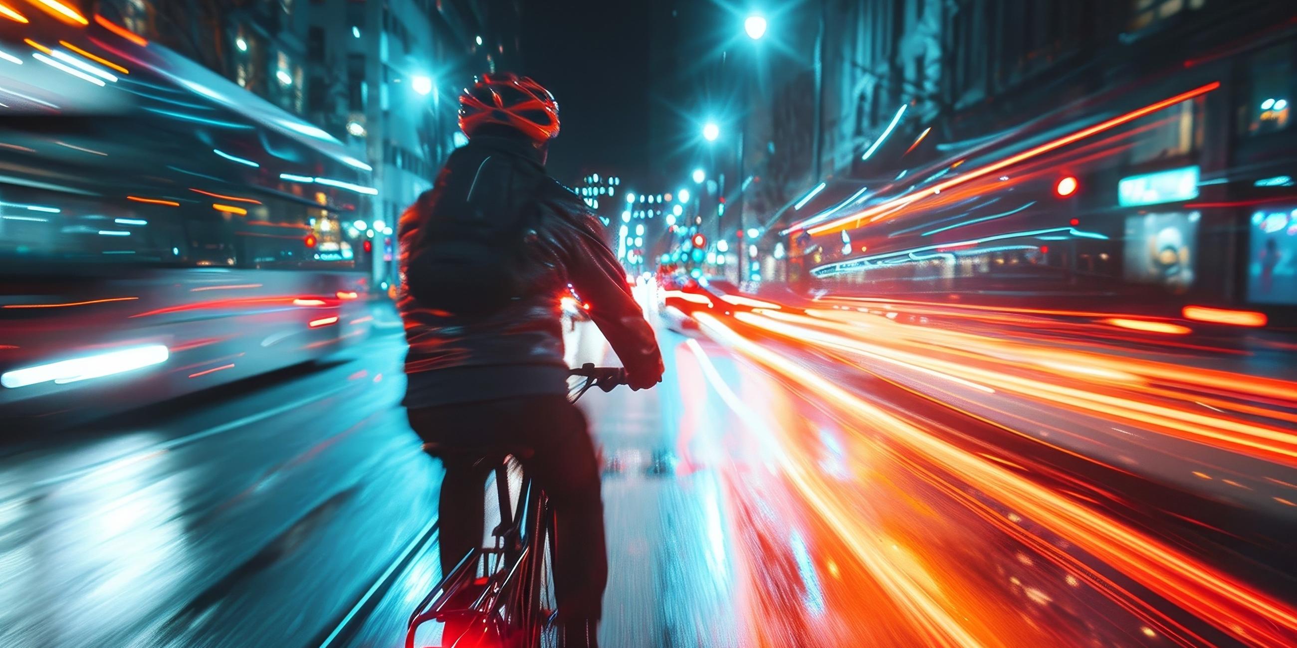 Ein Fahrradfahrer im Dunkeln auf einer Straße, links und rechts neben ihm durch Langzeitbelichtung hervorgerufene Lichtstreifen-Effekte von Auto-Rücklichtern.