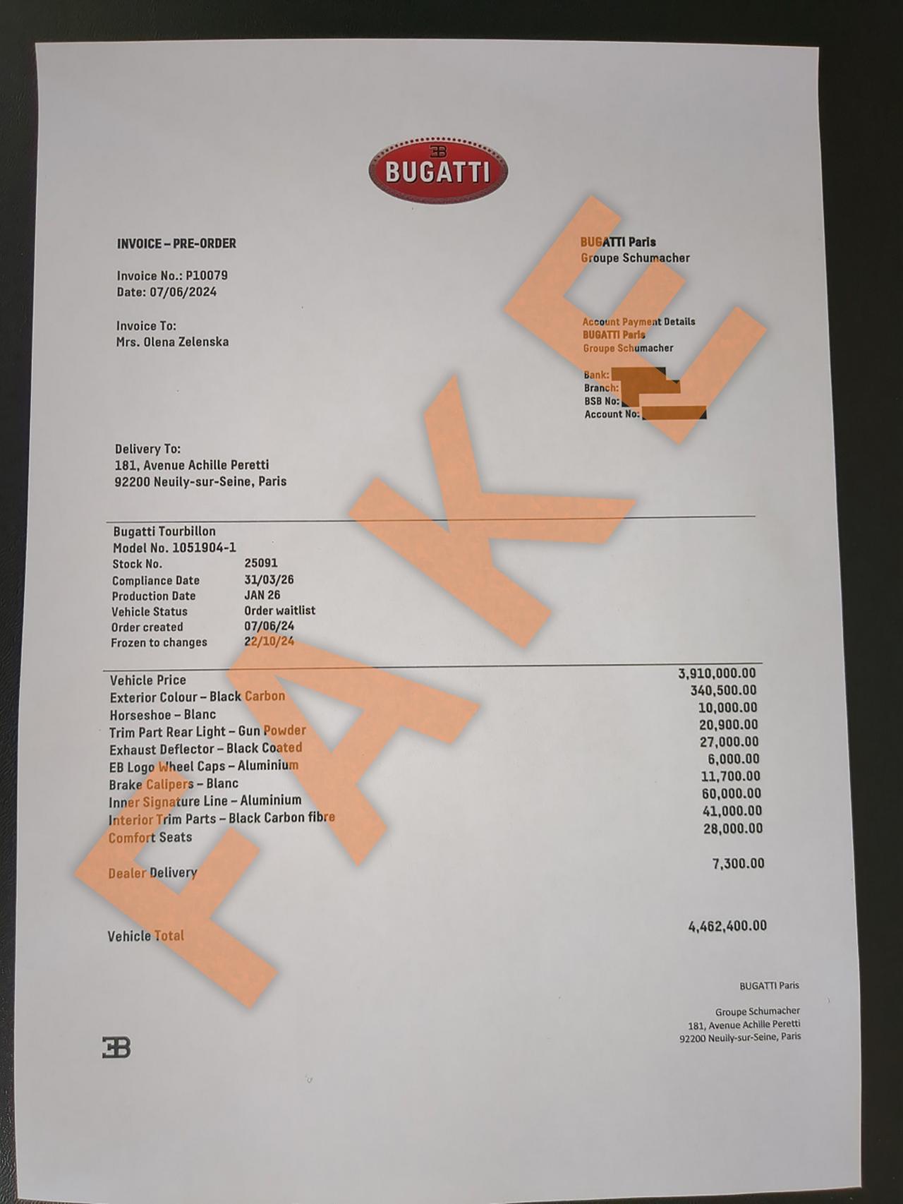 Fake-Rechnung, Bugatti, Selenskyj