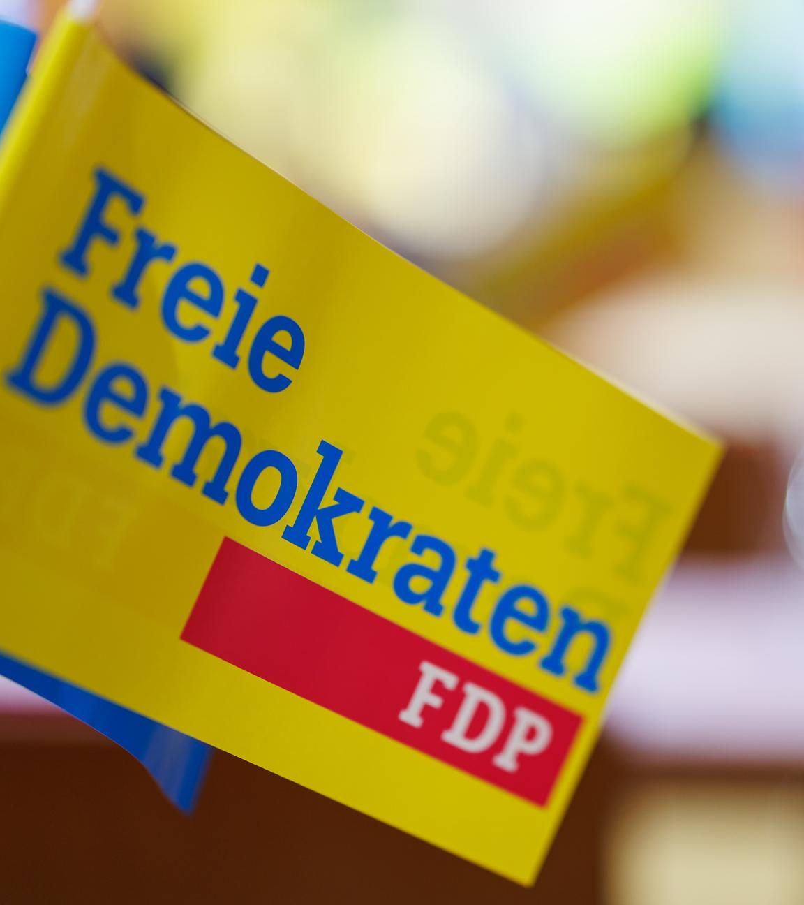 Bayern, Amberg: «Freie Demokraten - FDP» steht beim Landesparteitag der FDP auf einem Fähnchen