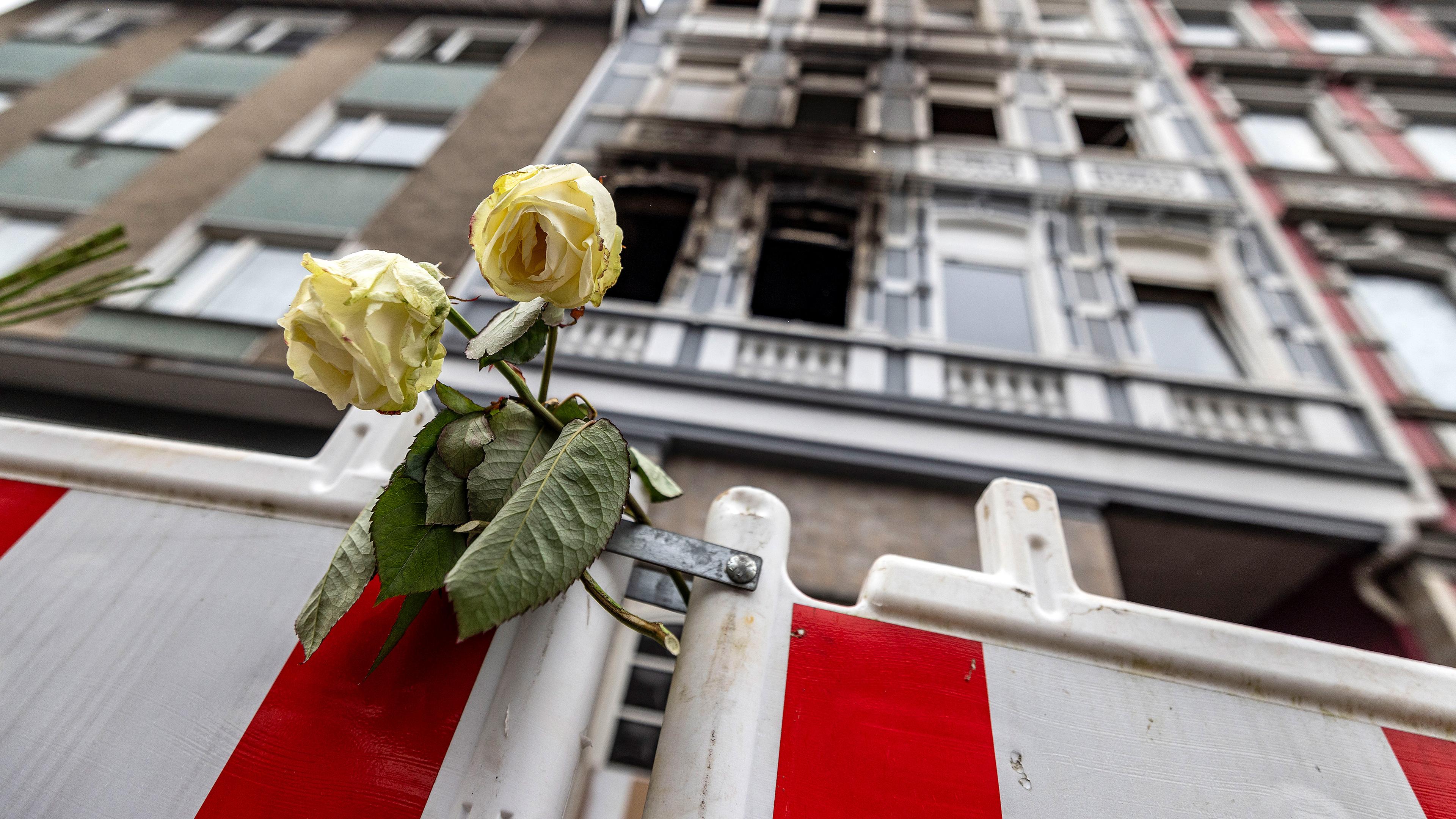 Eine weiße Rose an einer Absperrbake vor dem Brandort in Solingen