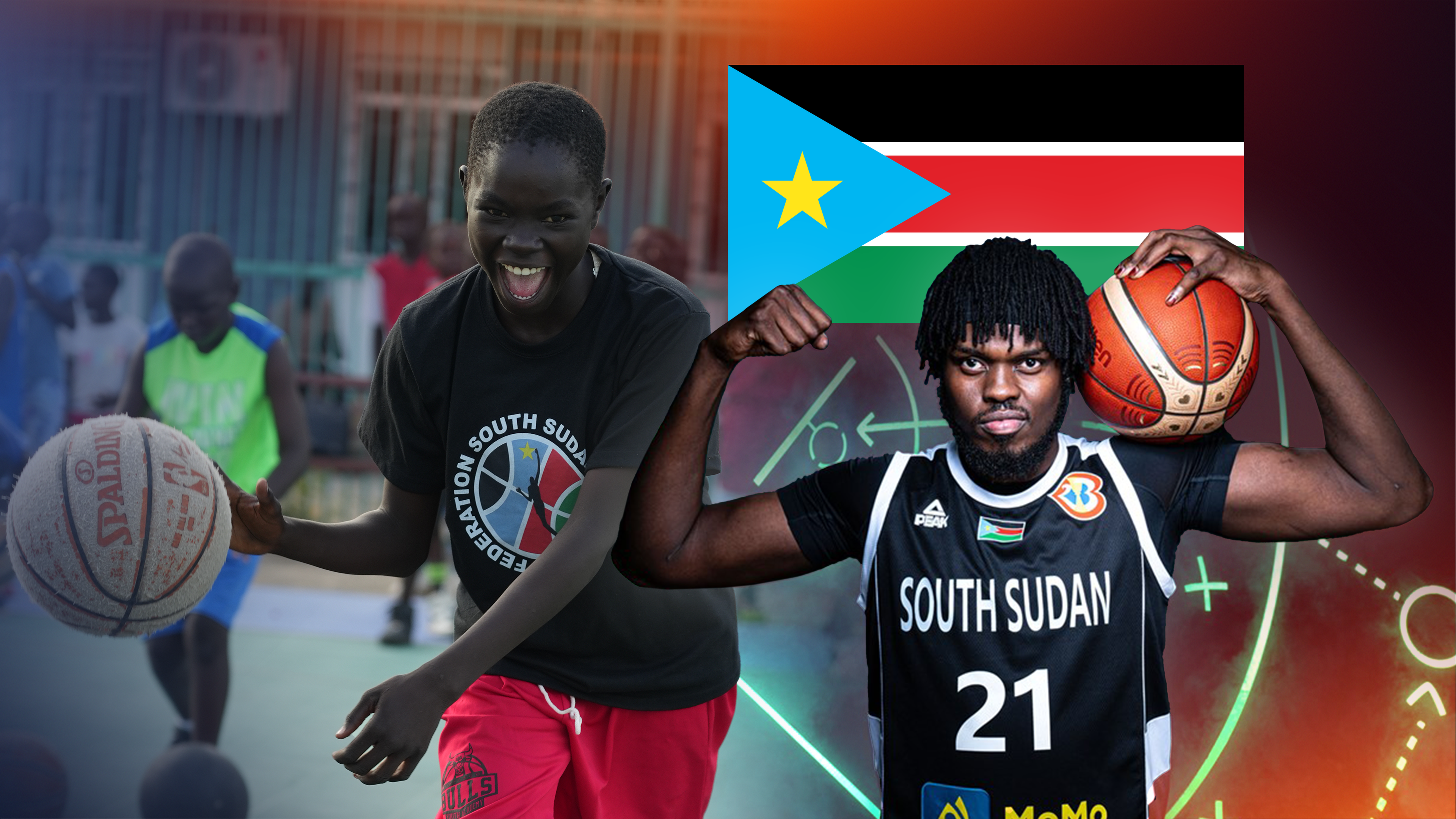 Ein Basketballer im Trikot des Südsudan und ein Kind, das freudig Basketball spielt.