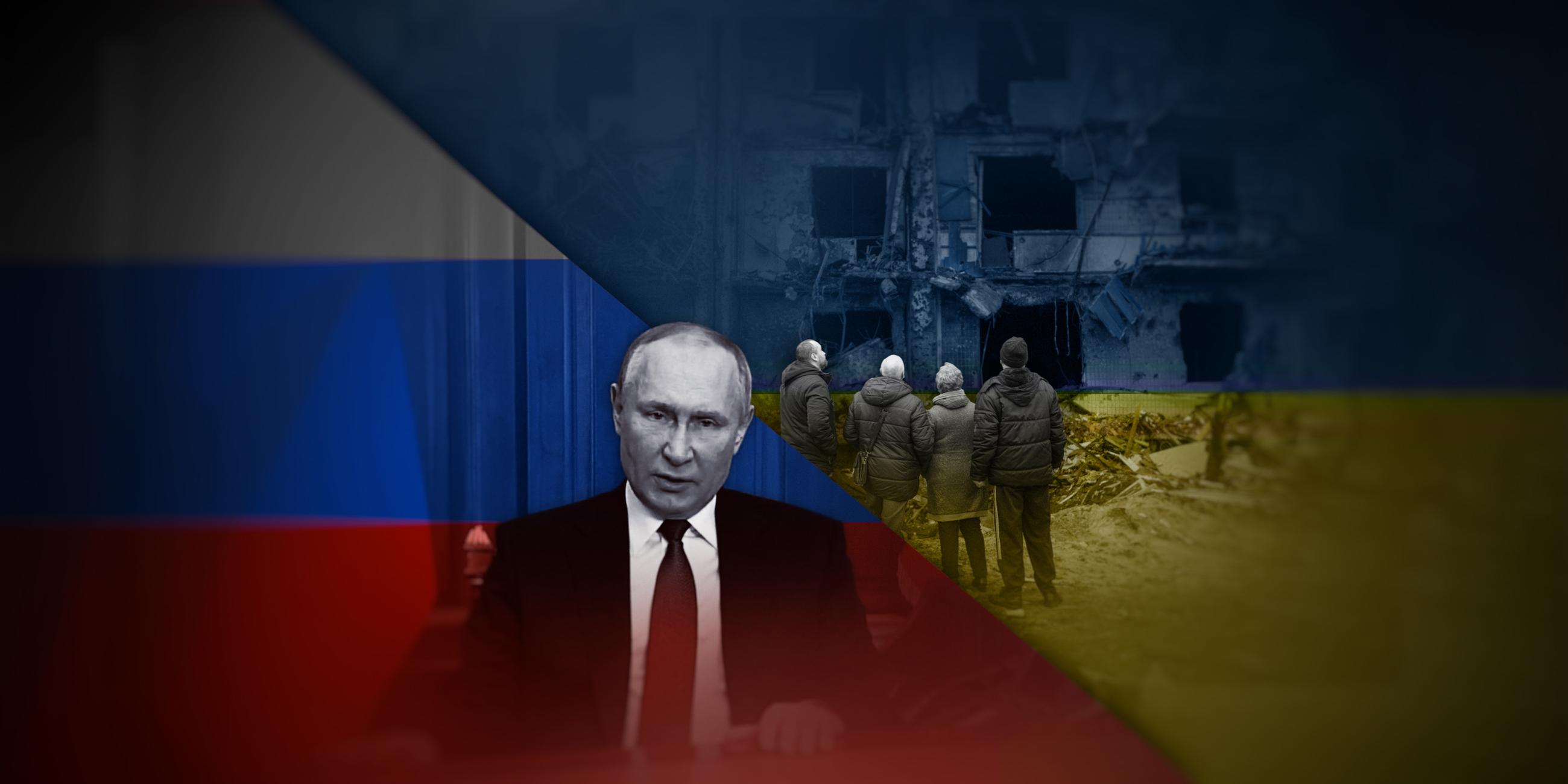Die Montage zeigt in der linken Bildhälfte Russlands Präsidenten Wladimir Putin vor russischer Flagge. In der rechten Bildhälfte sind mehrere Menschen zu sehen, die vor einer zerstörten Häuserfassade stehen. Die rechte Hälfte ist in die Farben der ukrainischen Flagge getaucht.