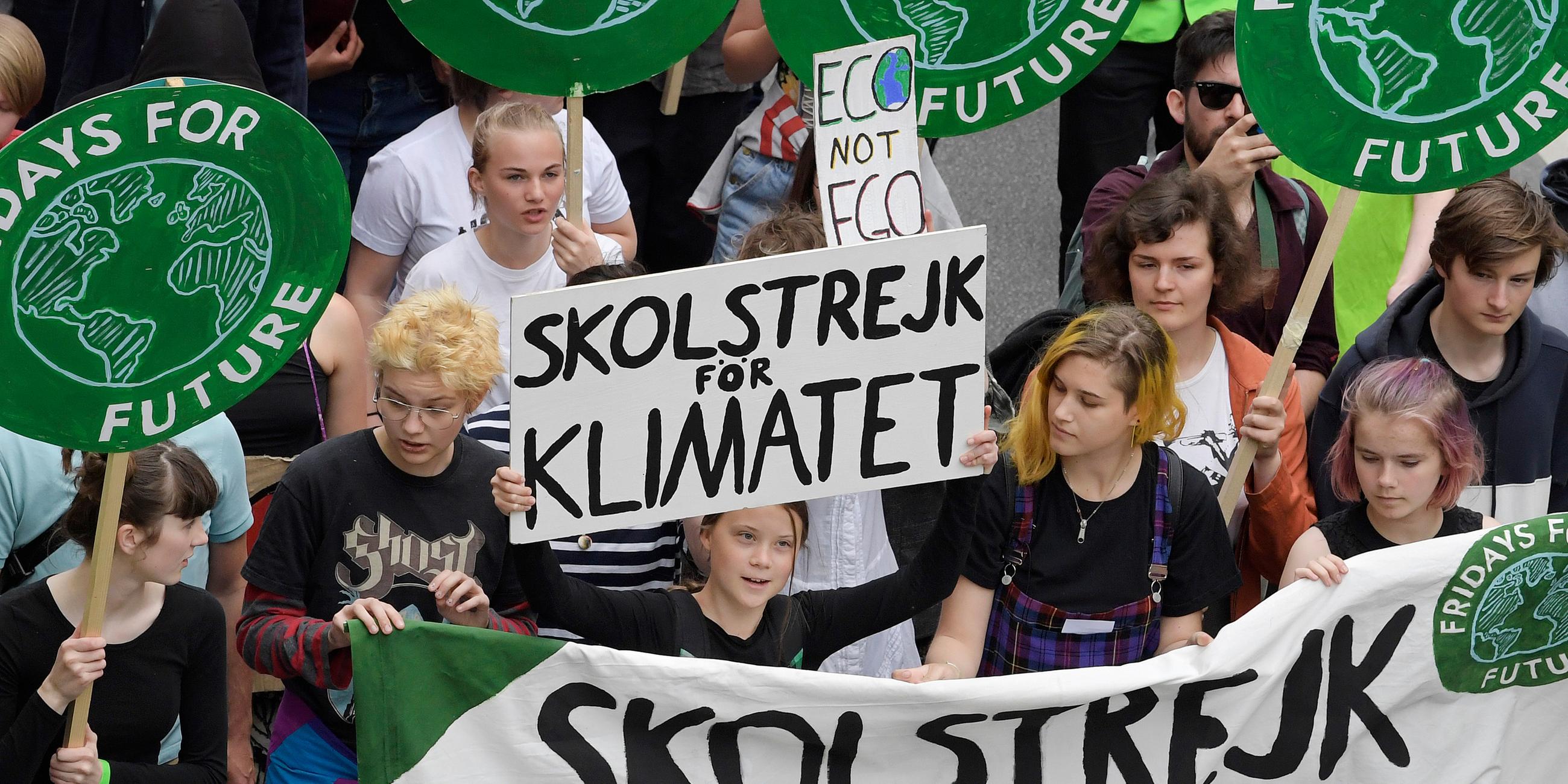 Archiv: Schülerinnen und Schüler demonstrieren mit Protestplakaten während des Fridays for Future Klimastreiks, aufgenommen am 24.05.2019