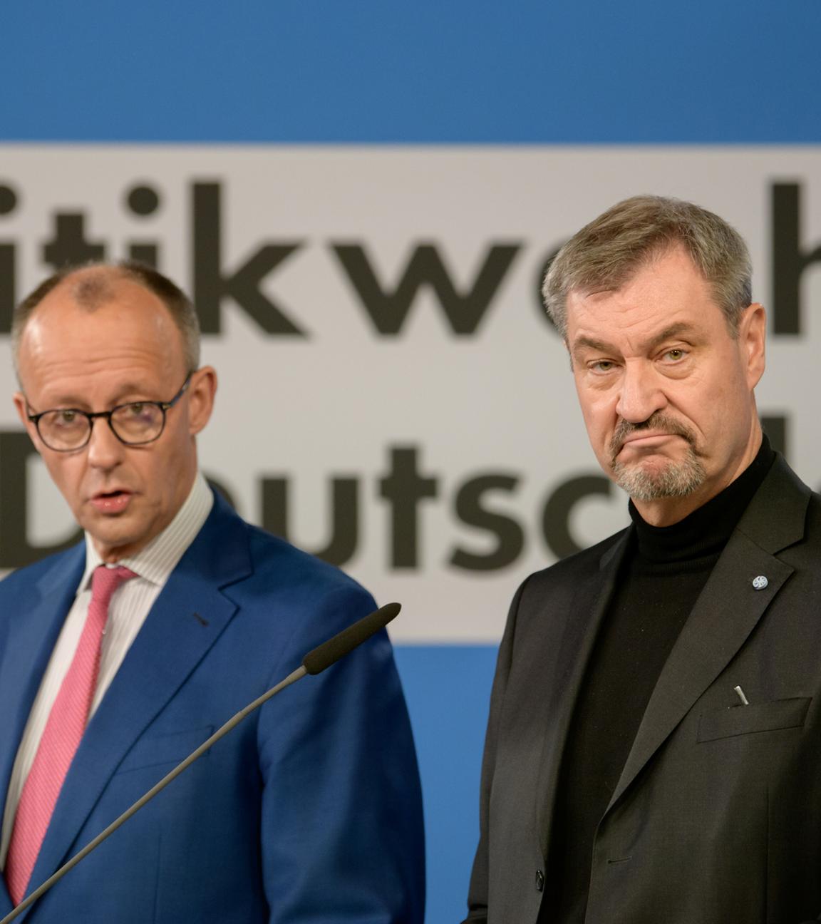 Berlin: Friedrich Merz und Markus Söder bei der Vorstellung des Wahlprogramms der Union