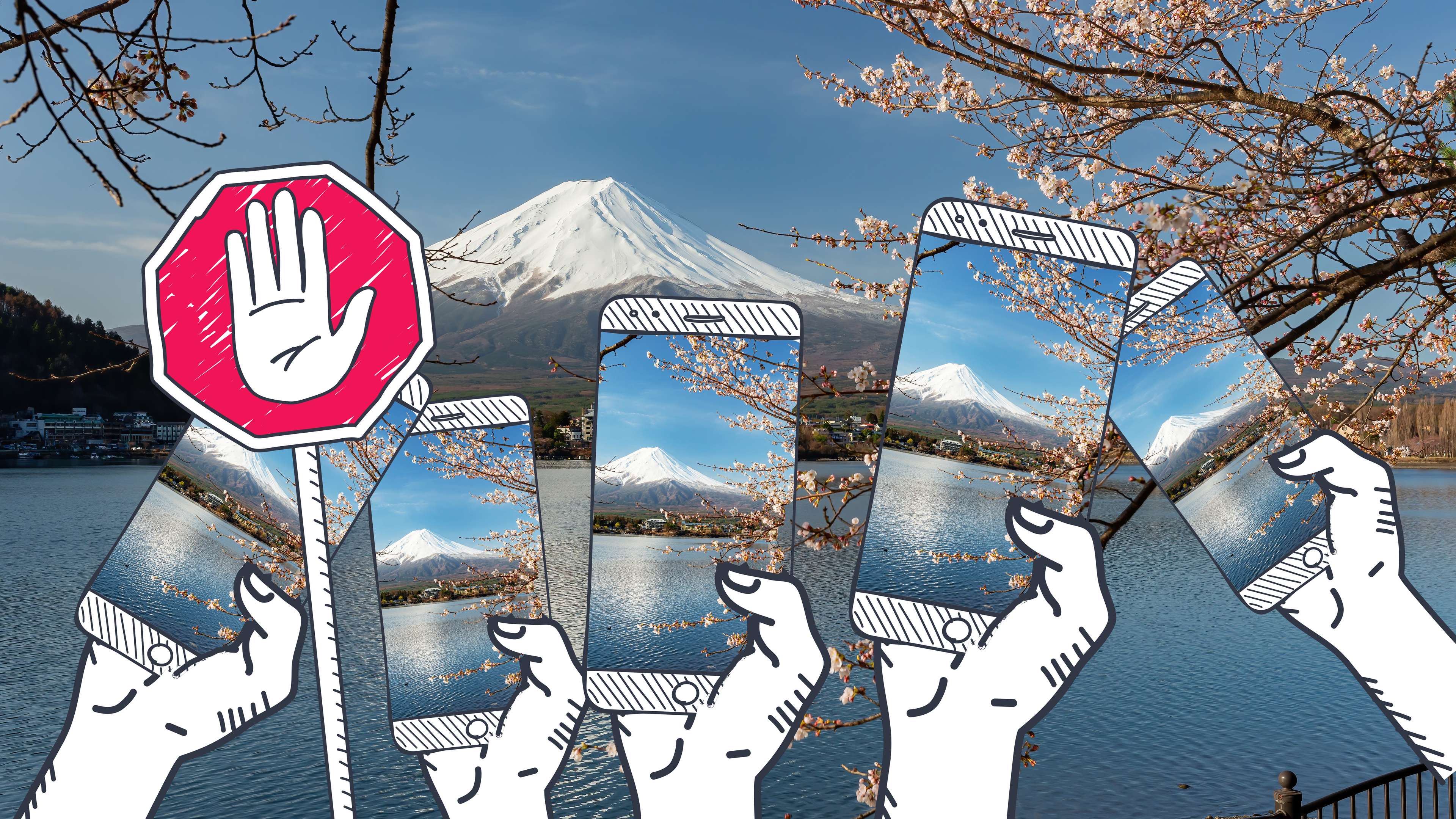 Viele Smartphones in Händen mit Fotos von dem Mount Fuji in Japan mit Stoppschild