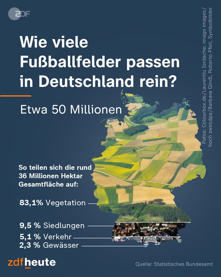 Die Grafik zeigt anhand einer Deutschlandkarte, wie viele Fußballfelder in das Land passen würden. Anteile der Gesamtfläche in Vegetation, Siedlungen, Verkehr und Gewässer.