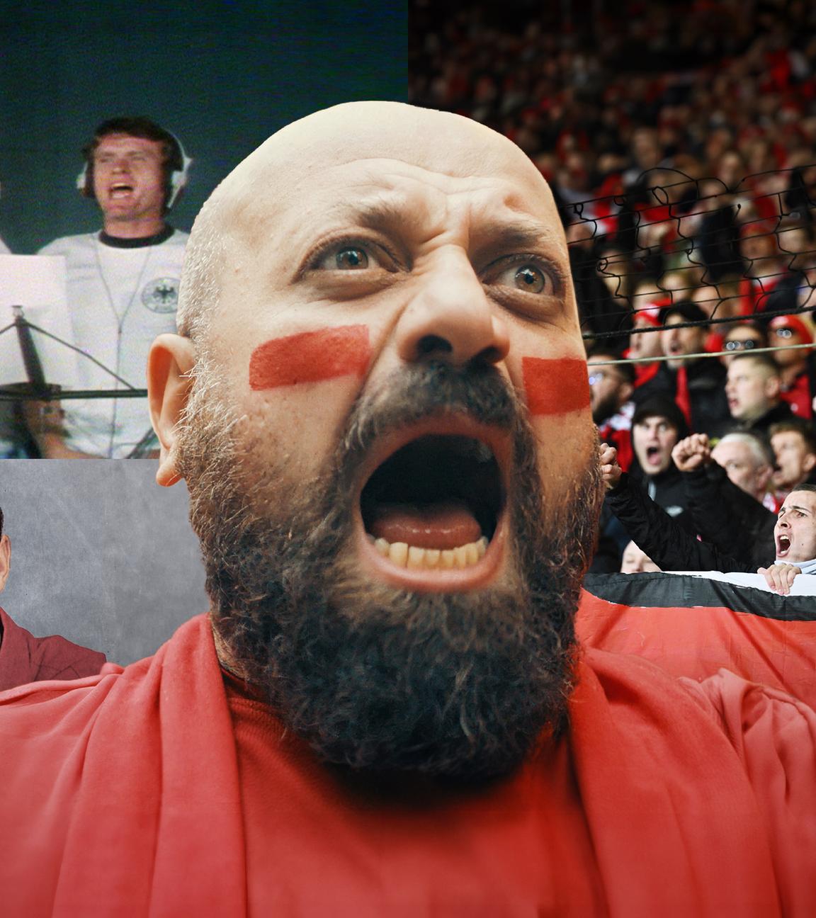 rechts im Bild singende Fußballfans auf einer Tribüne, davor groß ein singender Mann mit rot-geschminkten Streifen auf den Wangen, hinter ihm links eine Montage von zwei Archivbildern mit dem jungen Franz Beckenbauer und der singenden Nationalelf im Studio 