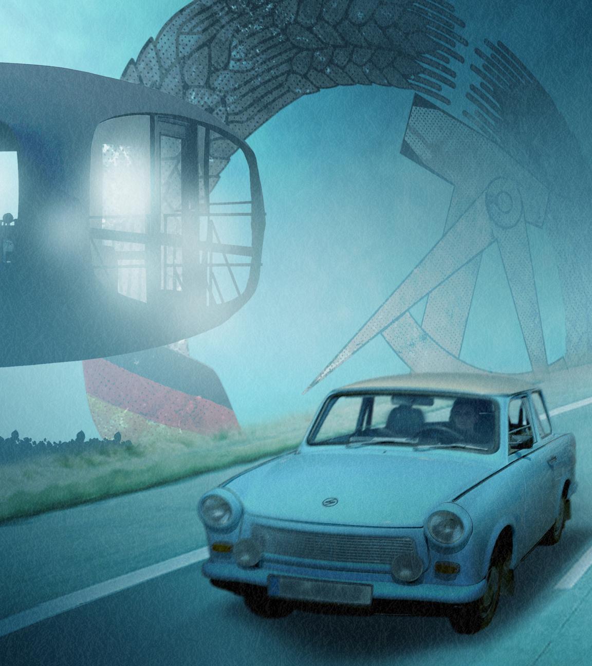 Montage: Ein Trabant fährt vor einem graphisch hellblauen Hintergrund über eine Straße. Im Hintergrund sind ein Rettungsturm im Ostseebad Binz des Architekten Ulrich Müther und das Staatswappen der DDR zu sehen.