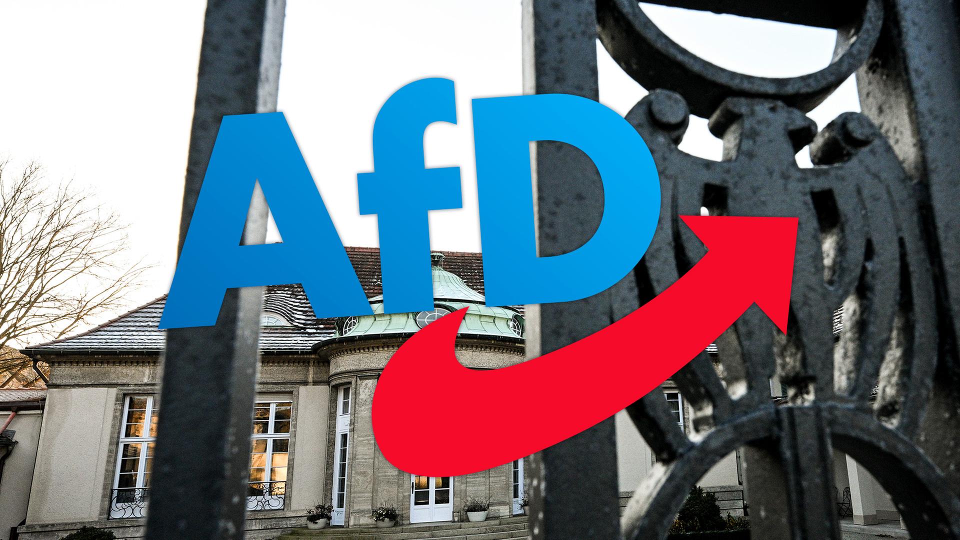 Hotel in Potsdam, in dem das Treffen im November stattfand, AfD Logo im Vordergrund 