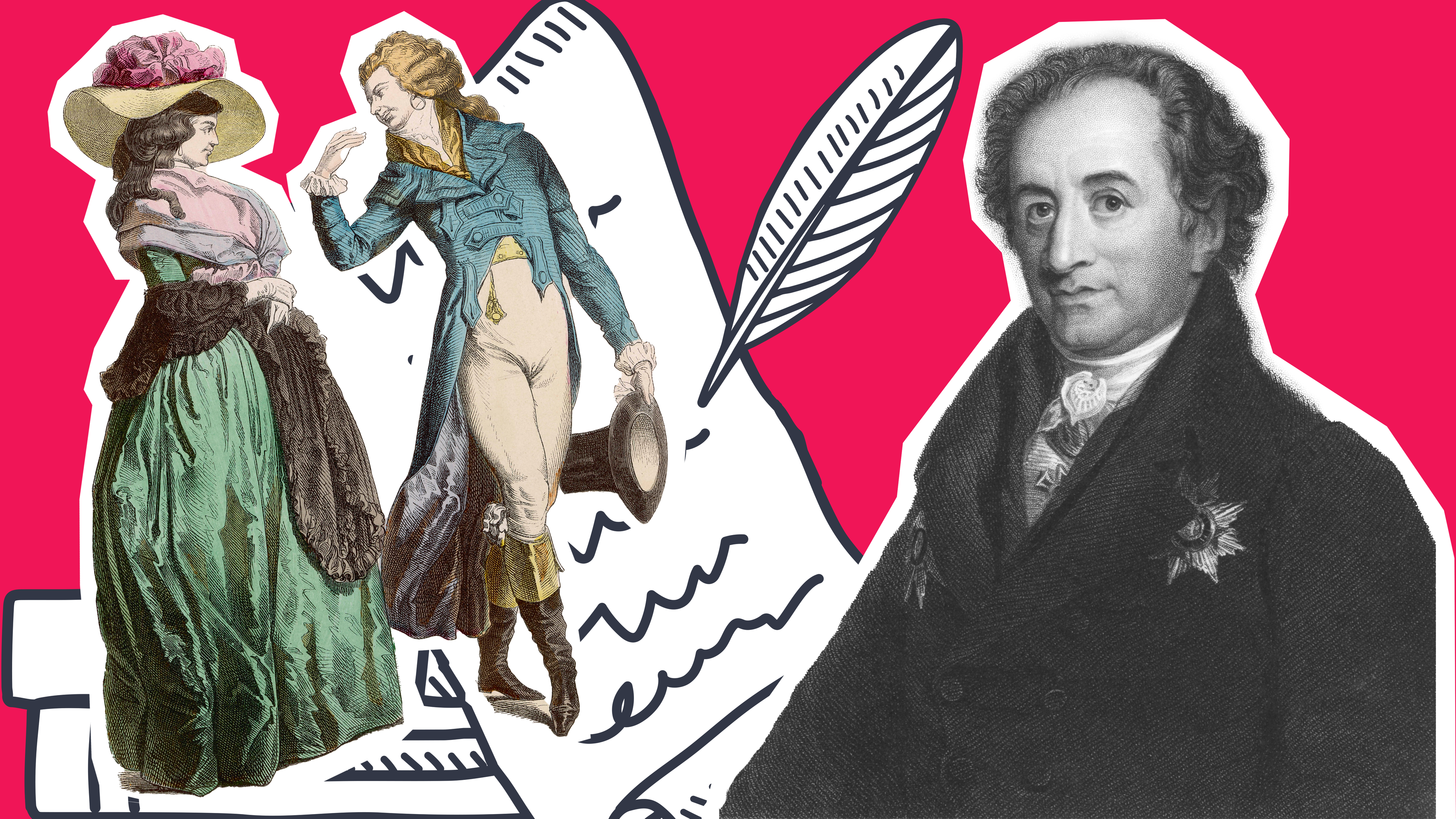 Portrait von Goethe, Grafiken von Büchern und Schriftrolle, alte Zeichnung von Werther