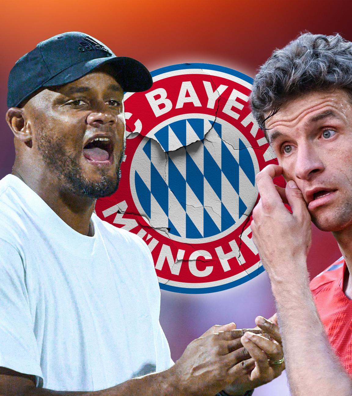 Grafik: Sport Bolzplatz, man sieht den neuen Bayern-Trainer Vincent Kompany - FCB-Logo und Thomas Müller 