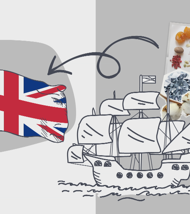 Flagge Großbritannien und Segelschiff auf dem Weg zu Gewürzinseln