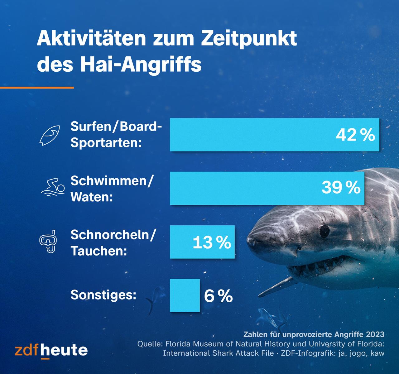 Die meisten Hai-Angriffe auf Menschen passieren beim Surfen und anderen Board-Sportarten, gefolgt vom Schwimmen bzw. im Wasser waten.