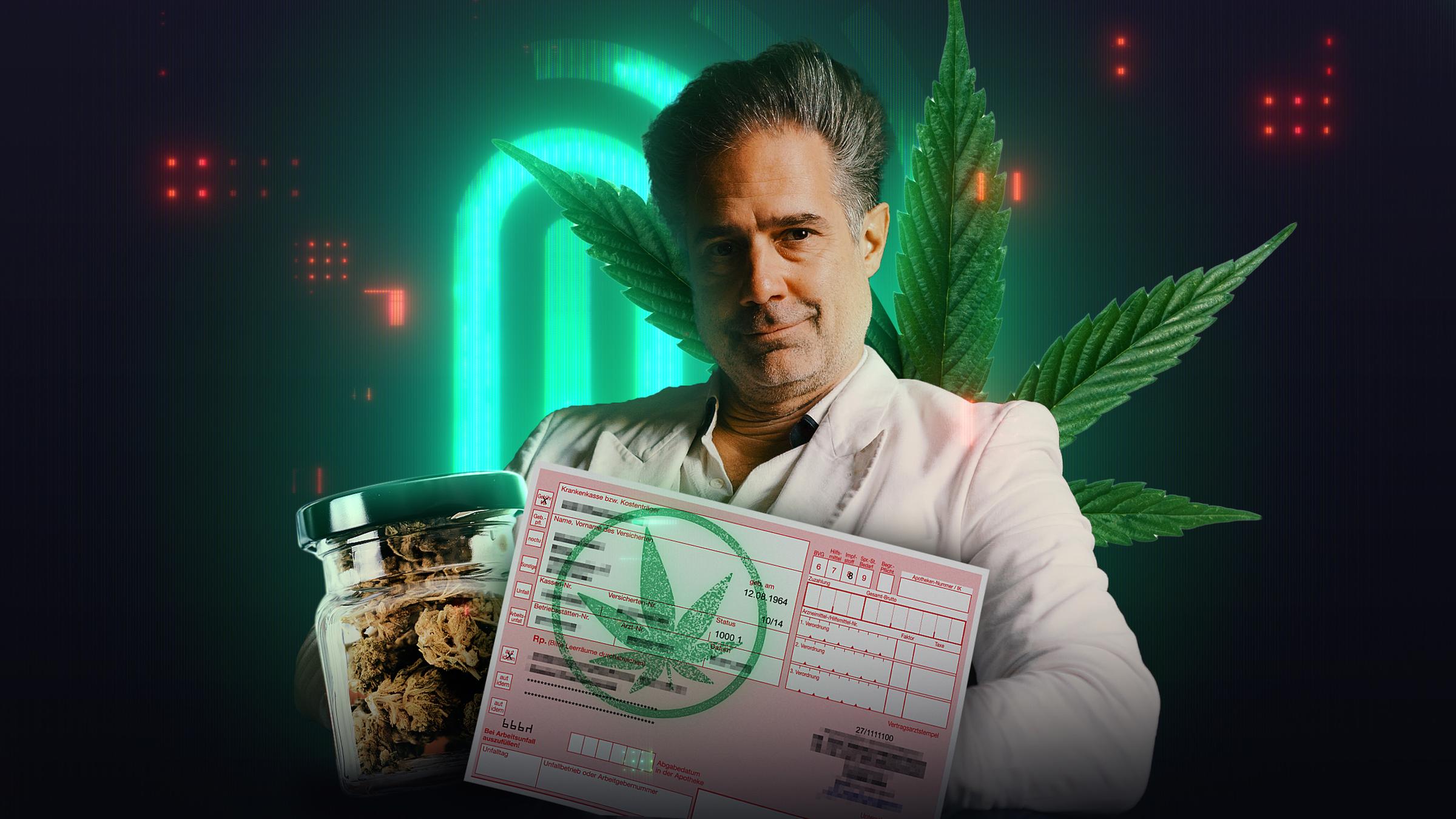 "Die Spur: Gras online kaufen - Das dubiose Cannabusiness von "Dr. Ansay“ & Co.": Montage: Hinter einem Glas mit medizinischem Cannabis und einem Rezept für Cannabis steht Can Ansay im Arztkittel und schaut in die Kamera. Im Hintergrund leuchtet ein Cannabisblatt grünlich vor dem Sendungslogo..